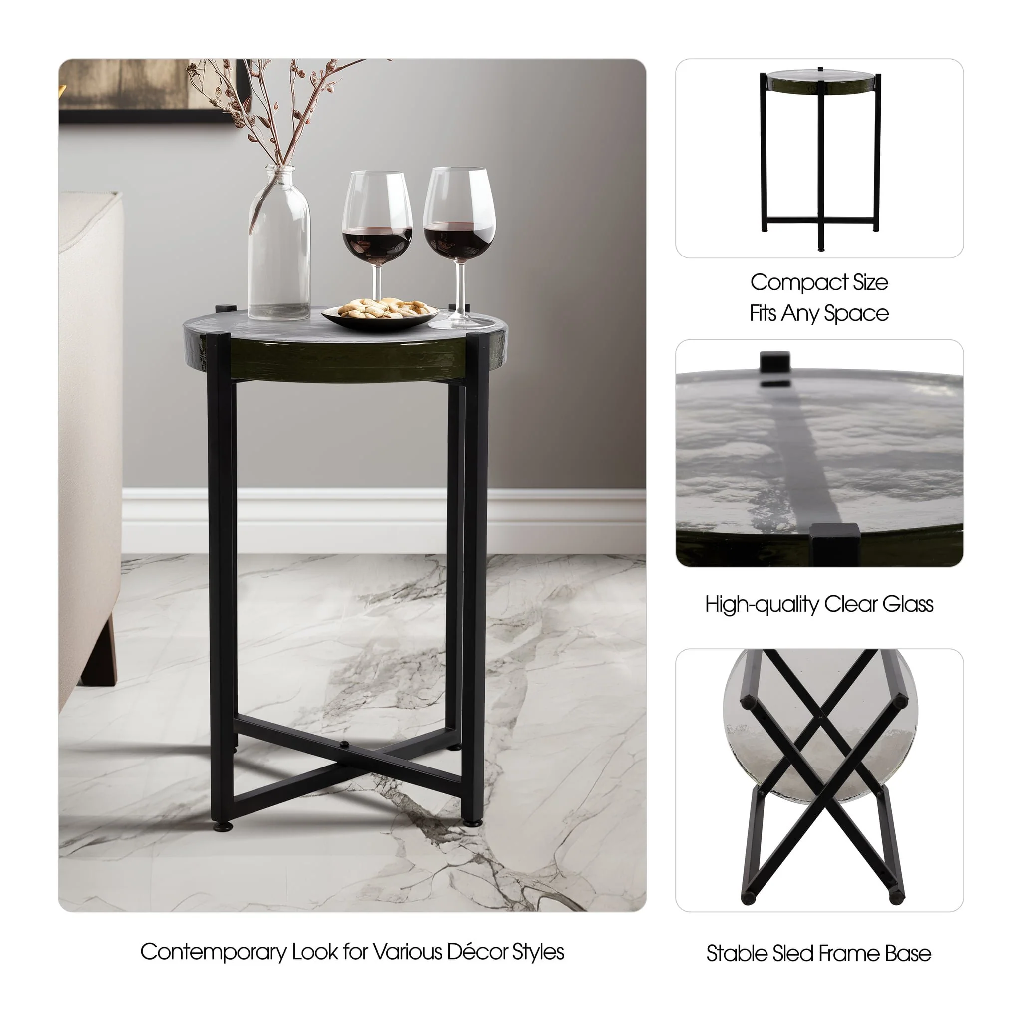 Metal/glass, 17"dx22"h Side Table, Black - Image 8