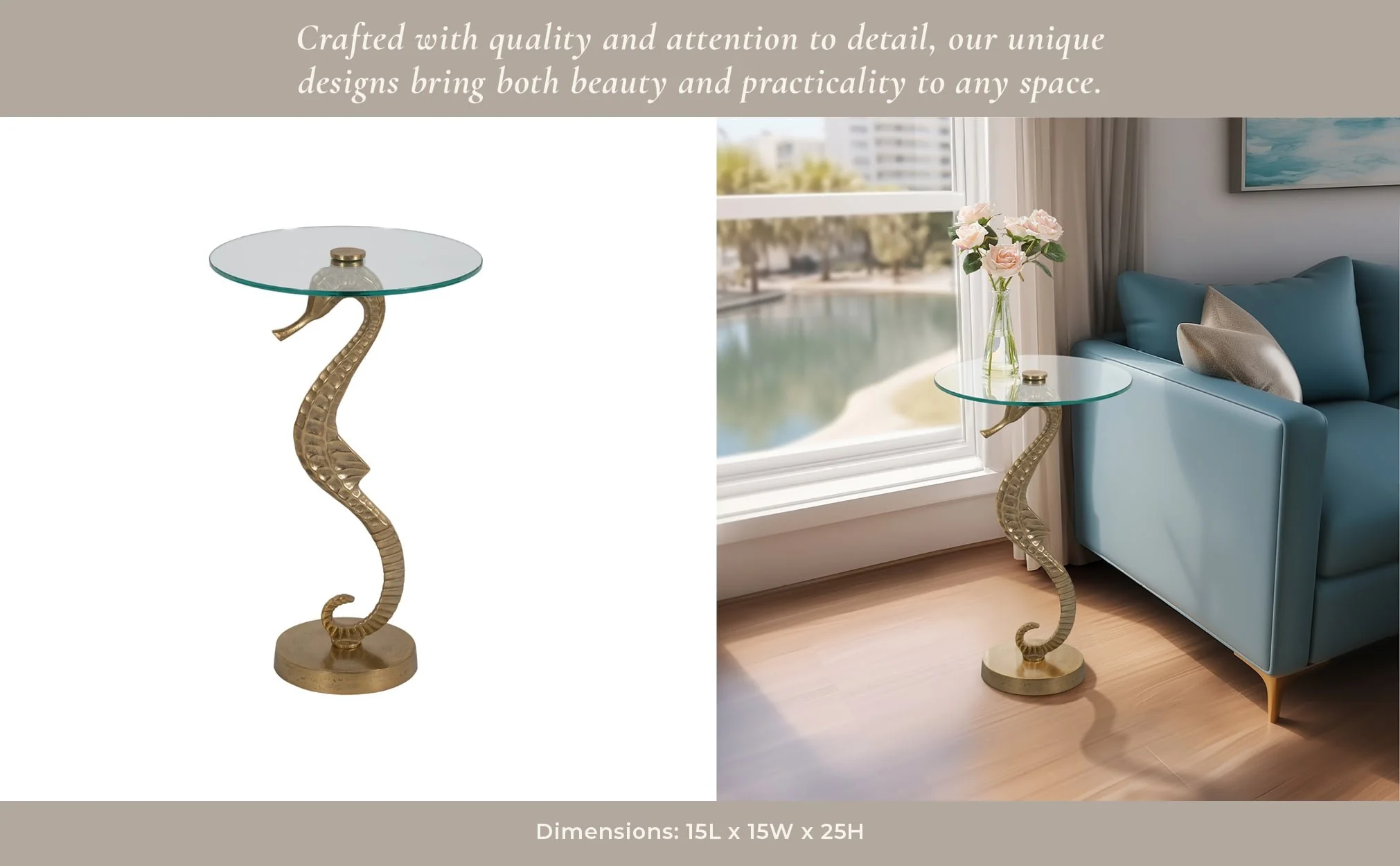 Metal/glass, 25" Seahorse Side Table, Gold Kd - Image 9
