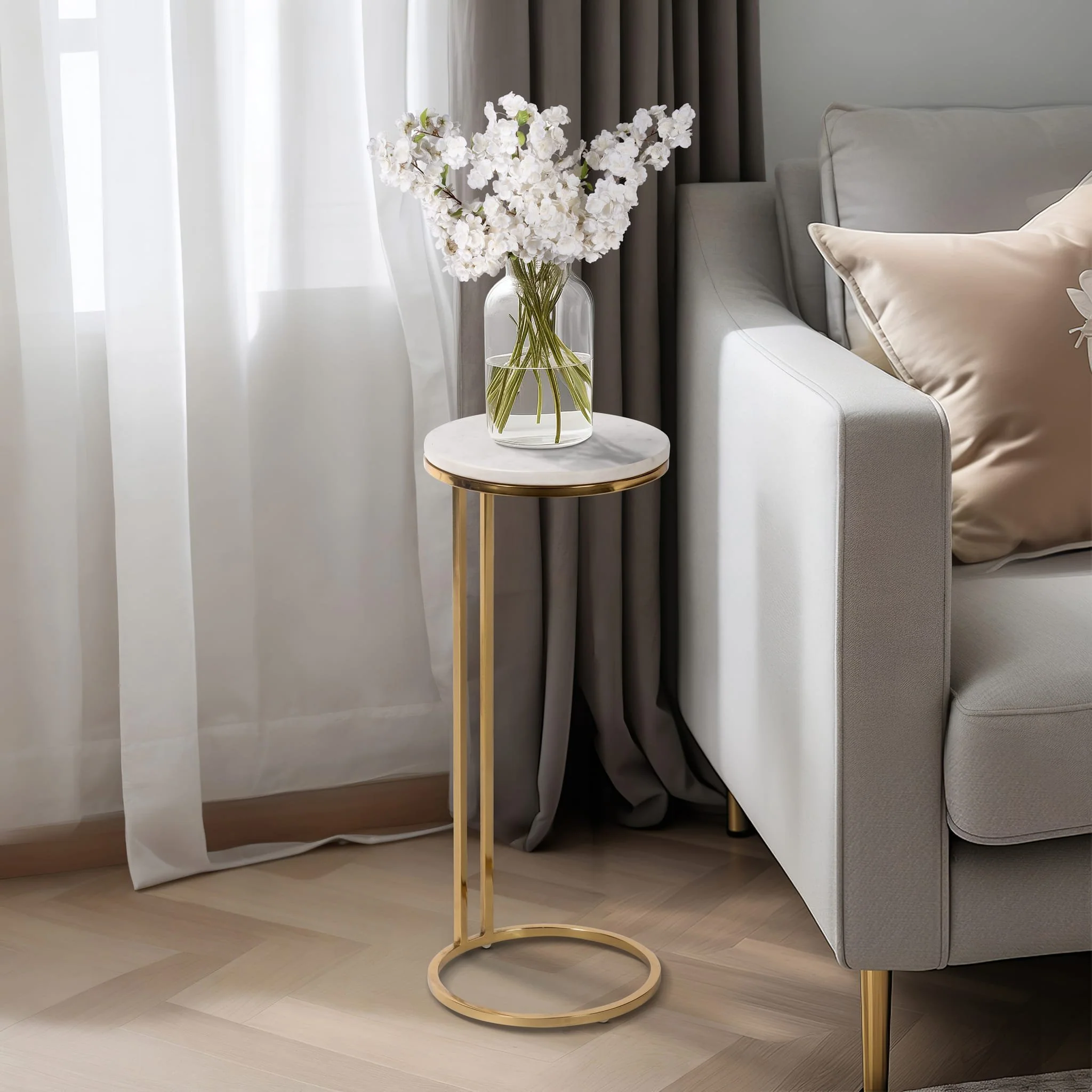 Metal/marble, 10"dx24"h Drink Table, White/gold - Image 8
