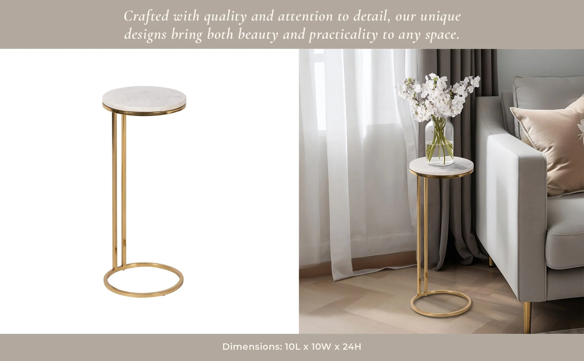 Metal/marble, 10"dx24"h Drink Table, White/gold - Image 9