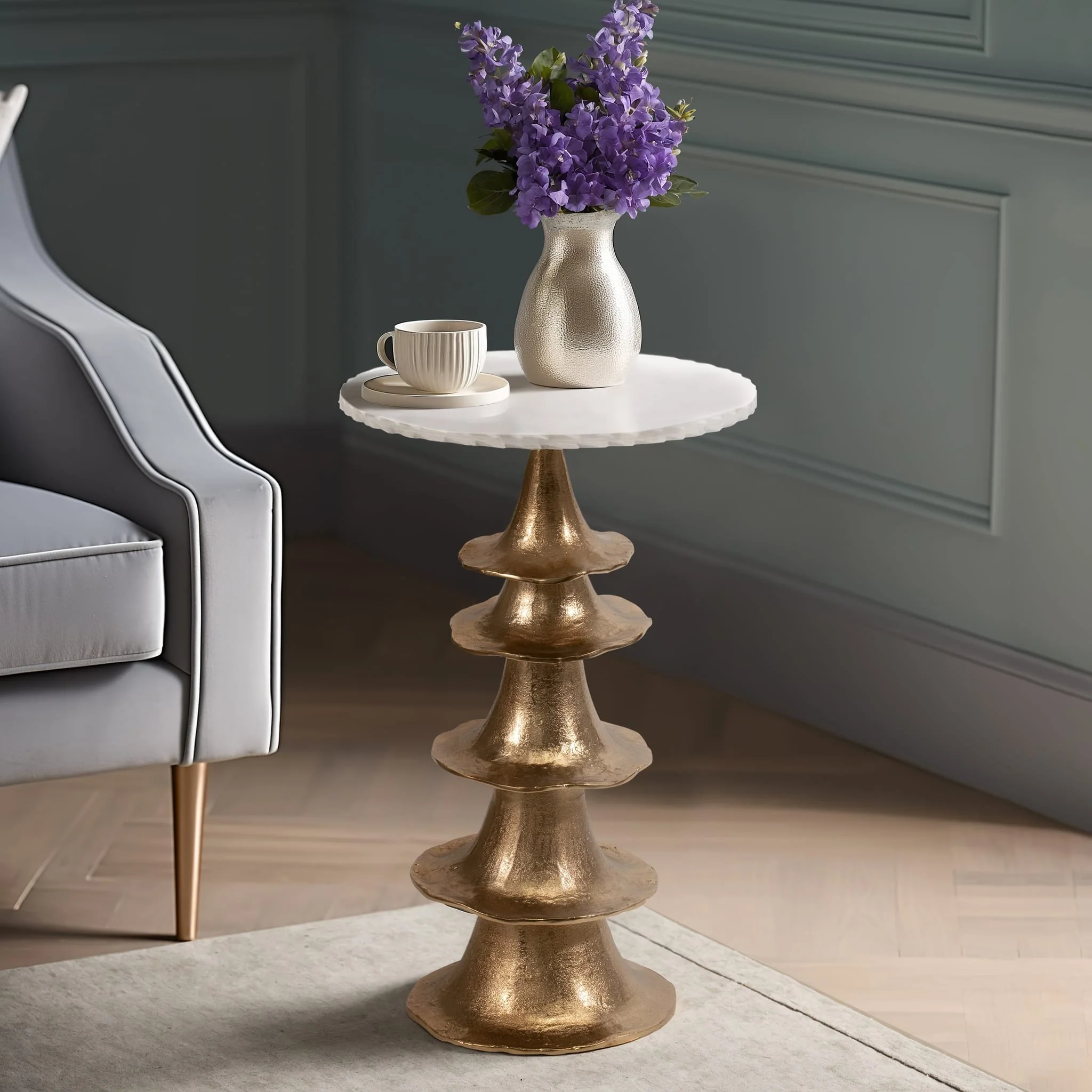 Metal/marble, 24" Jagged Edge Accent Table, White/ - Image 9