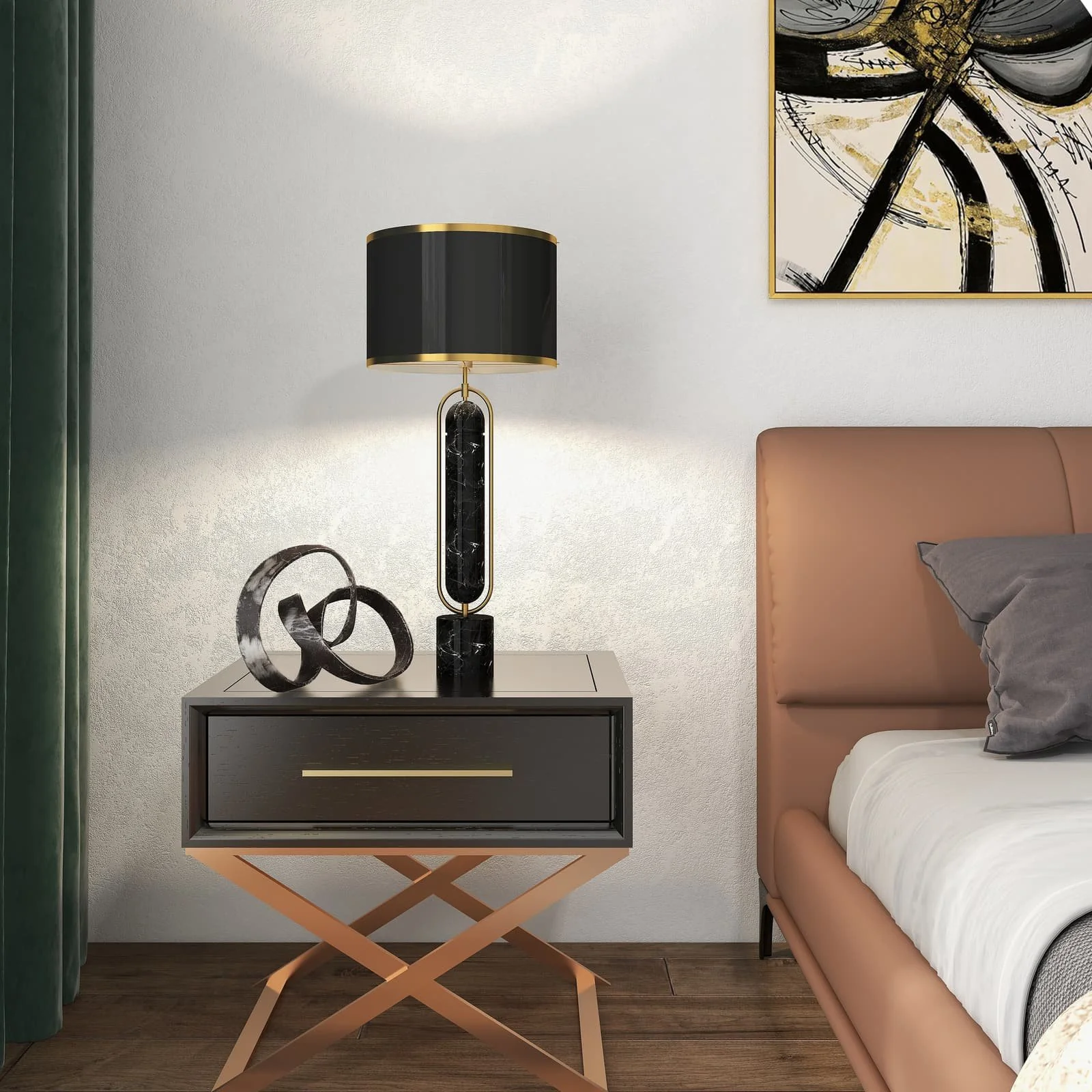 Metal/marble 30" Table Lamp, Gold/black - Image 9