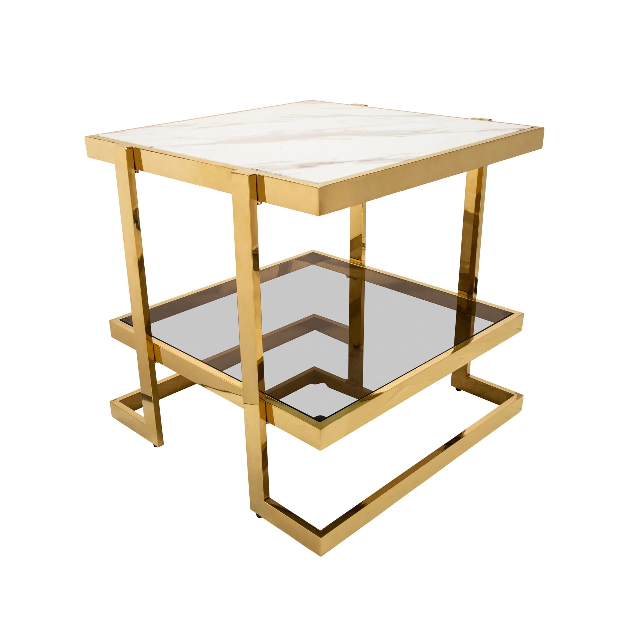Metal/marble Glass Side Table, Gold/white Kd - Image 2