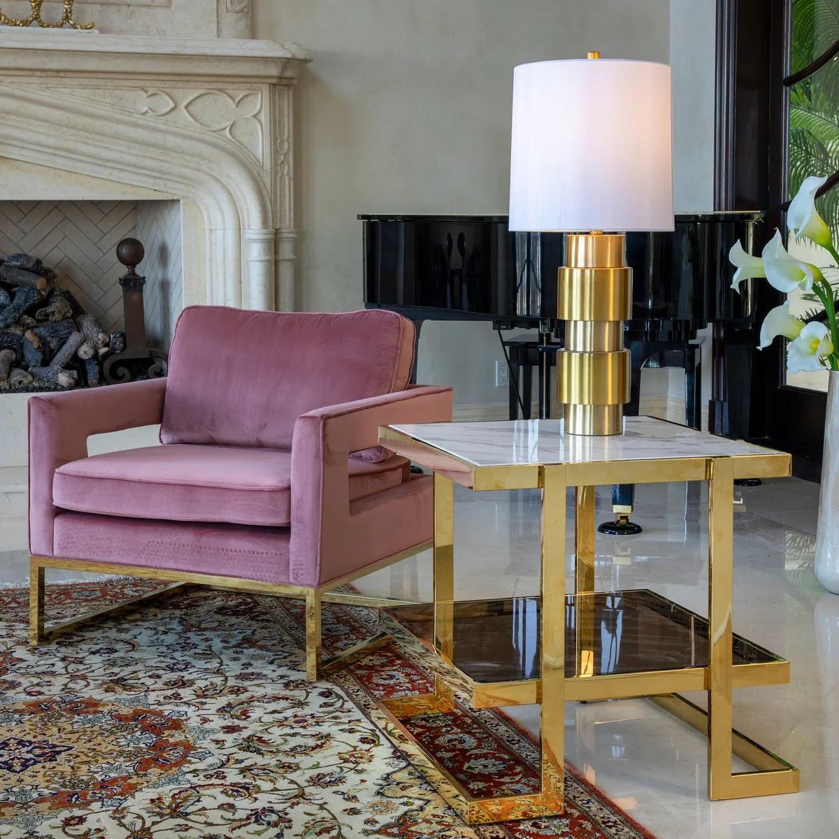 Metal/marble Glass Side Table, Gold/white Kd - Image 7