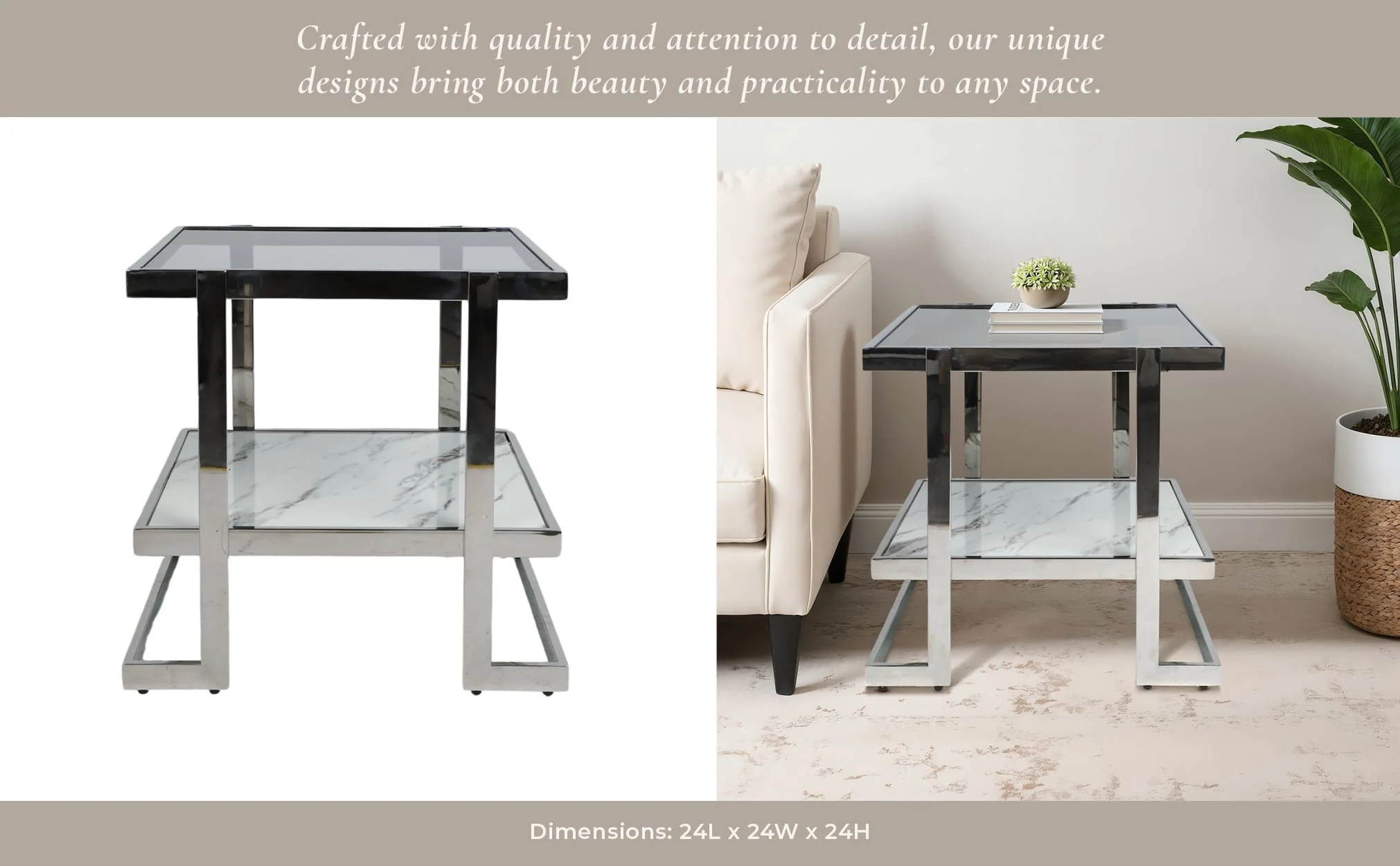 Metal/marble Glass, Side Table, Silver/white Kd - Image 10