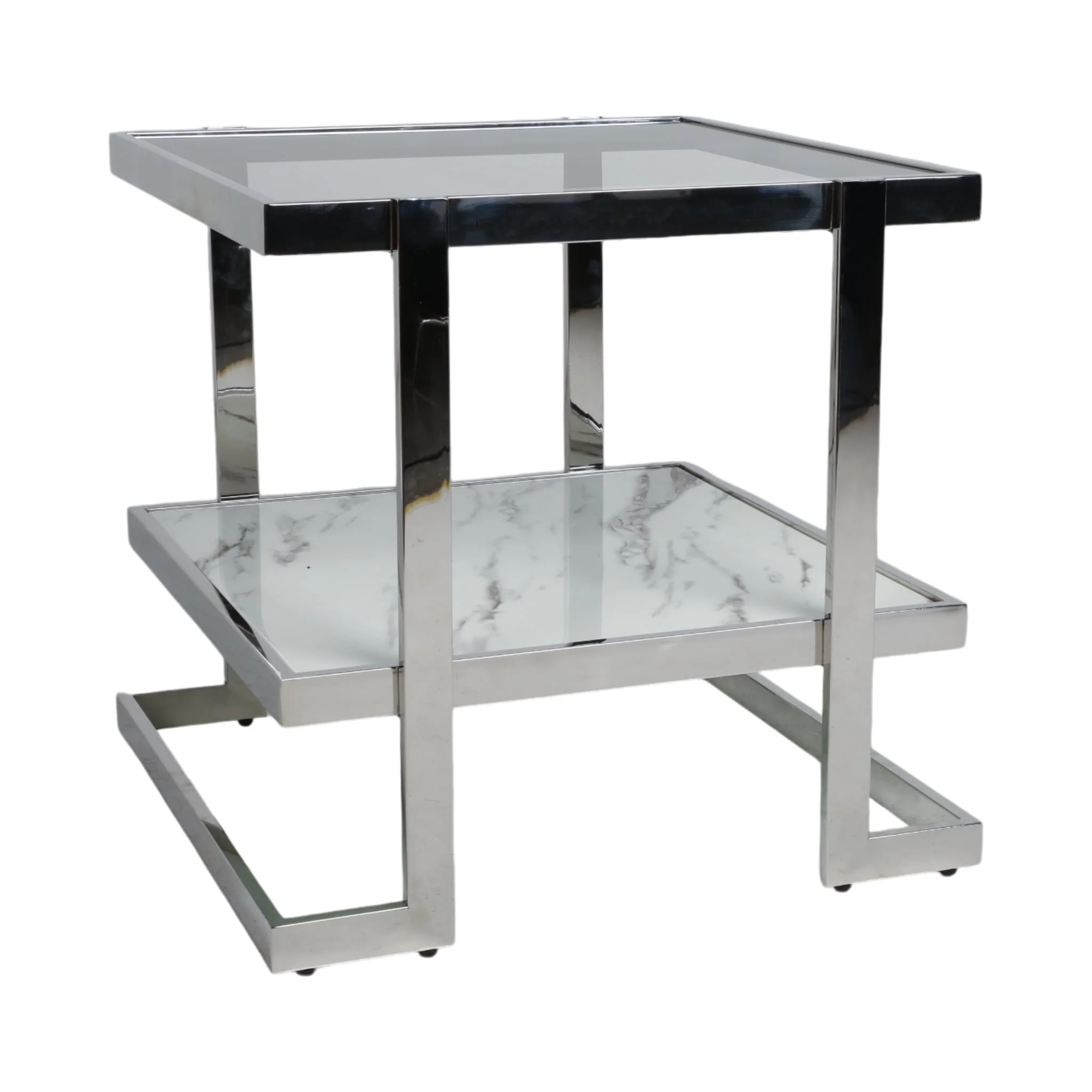 Metal/marble Glass, Side Table, Silver/white Kd - Image 2