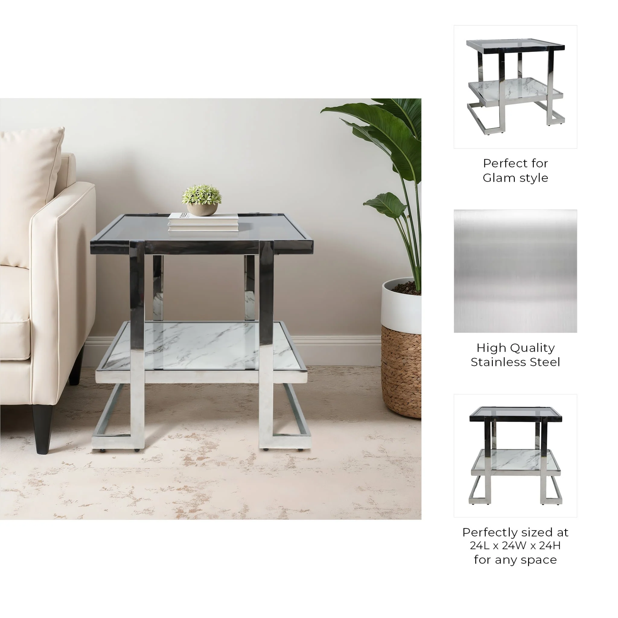 Metal/marble Glass, Side Table, Silver/white Kd - Image 8