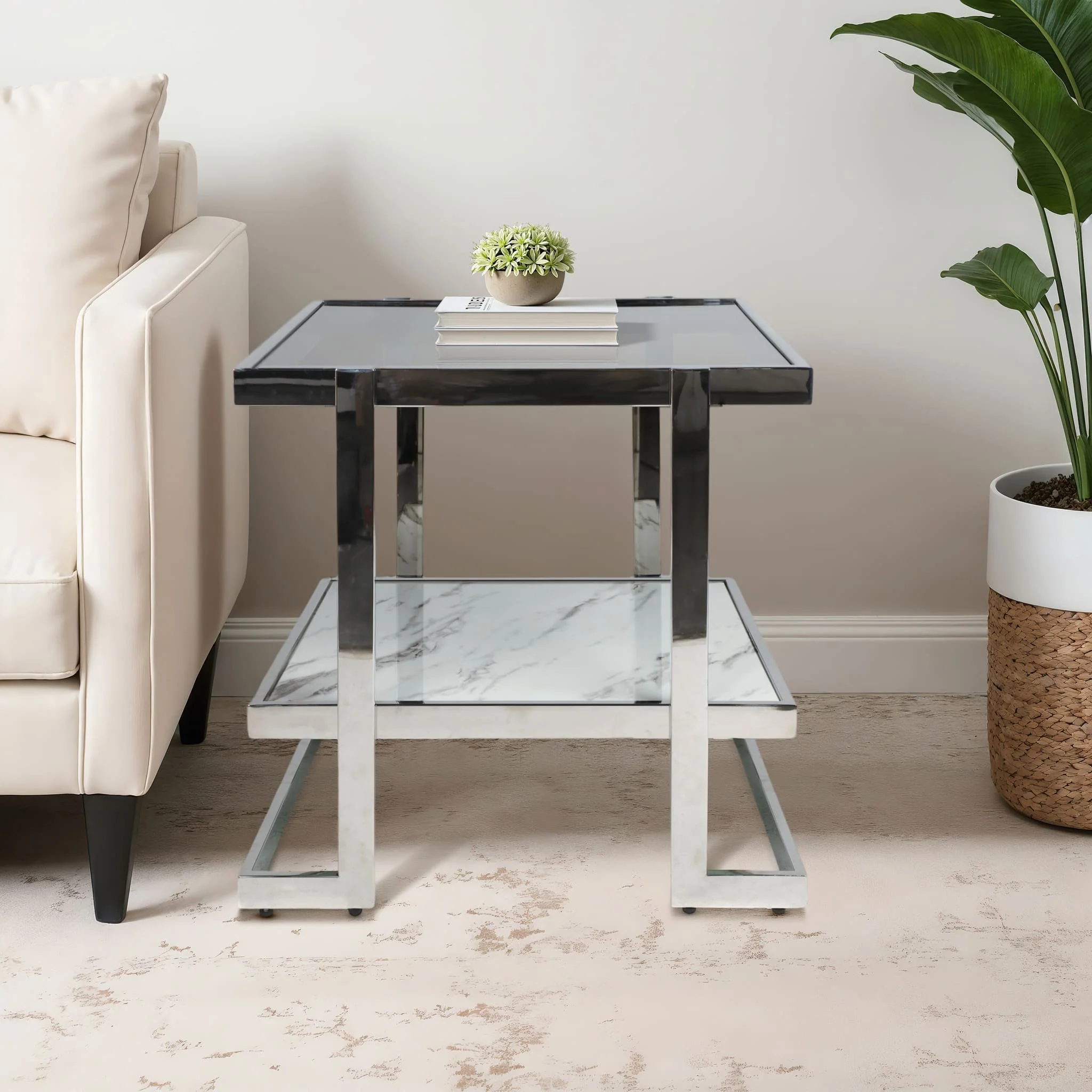 Metal/marble Glass, Side Table, Silver/white Kd - Image 9