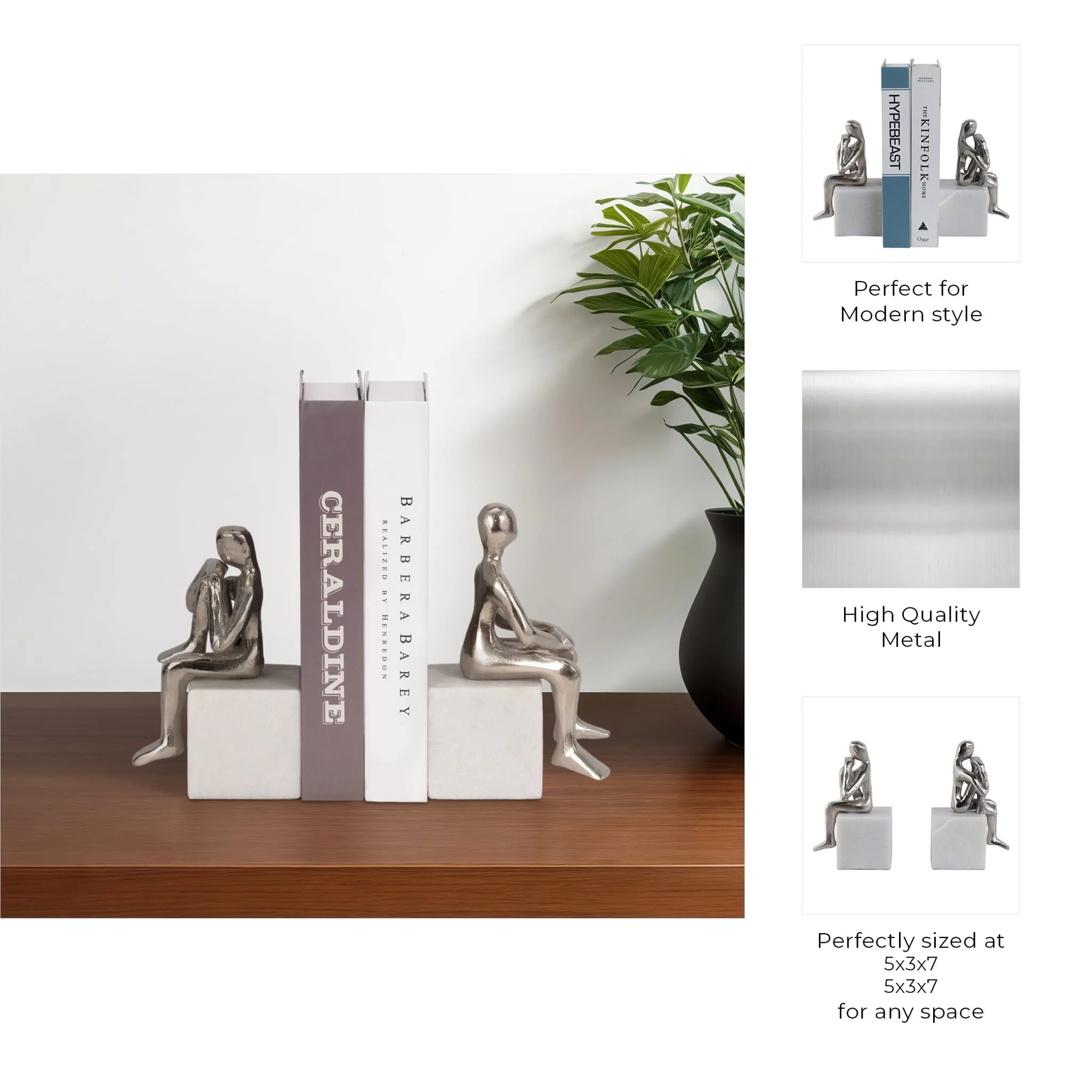 Metal/marble S/2  Sitting Leg Up Bookends, Silver - Image 9
