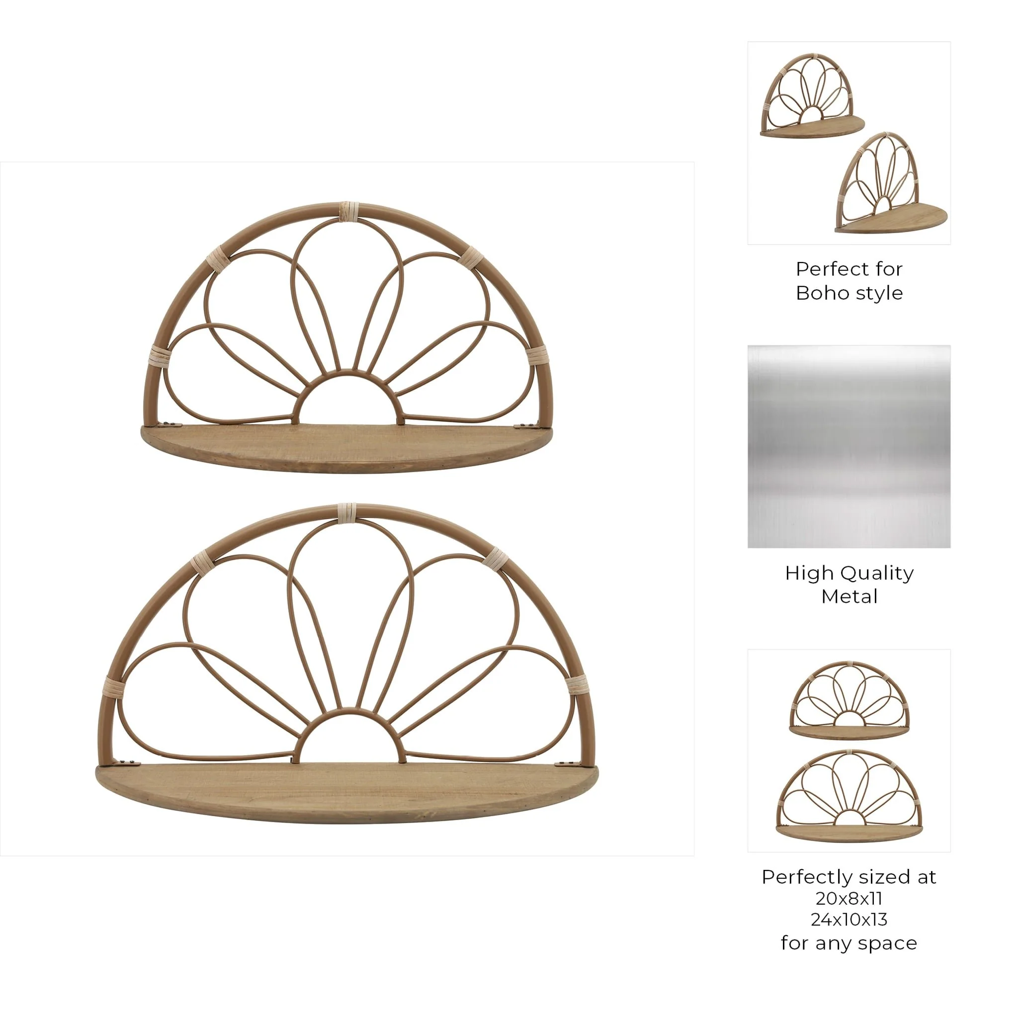 Metal, S/2 11/13" Arched Flower Wall Shelves,brown - Image 6