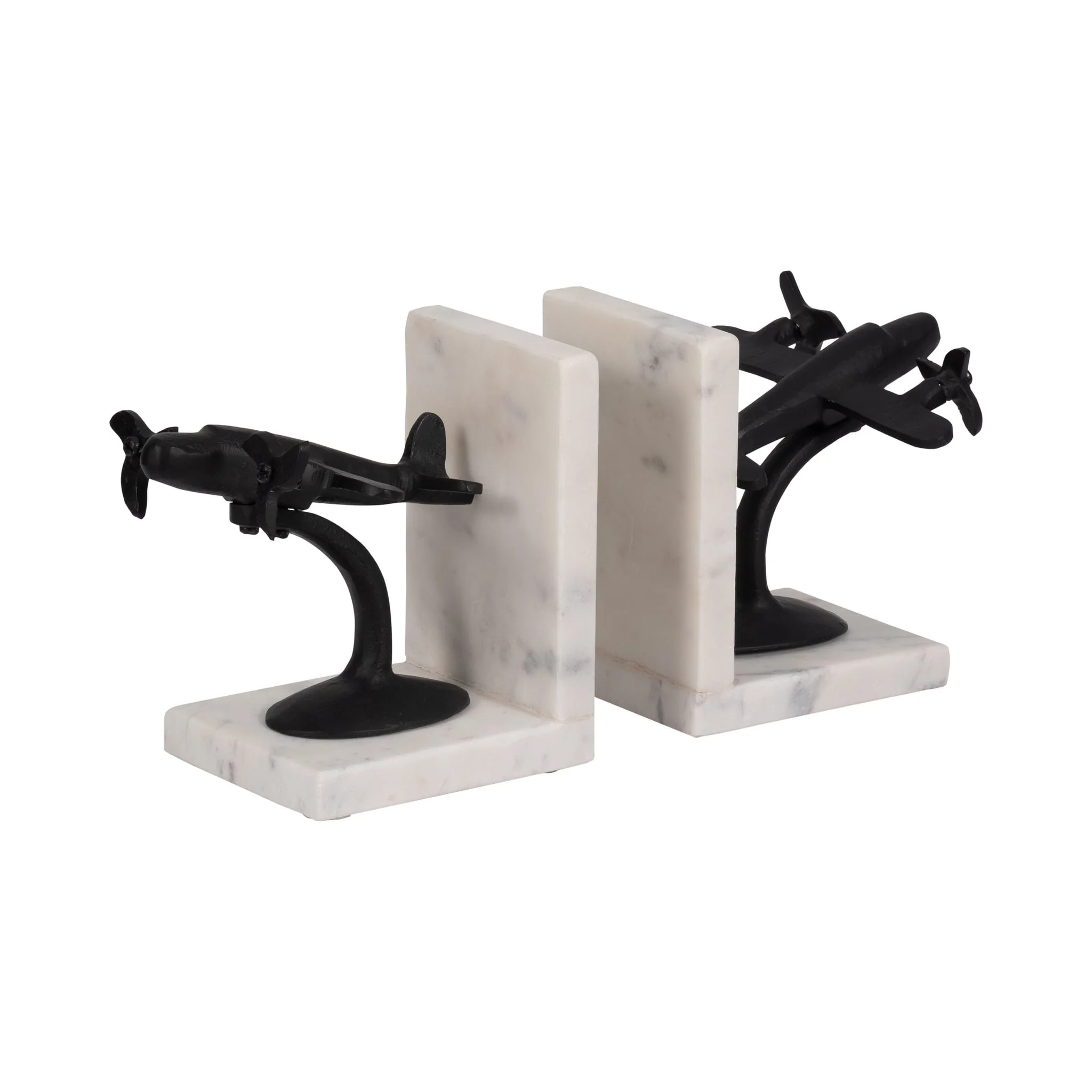 Metal, S/2 6" Airplane Bookends On Marble, Blk/wht - Image 3