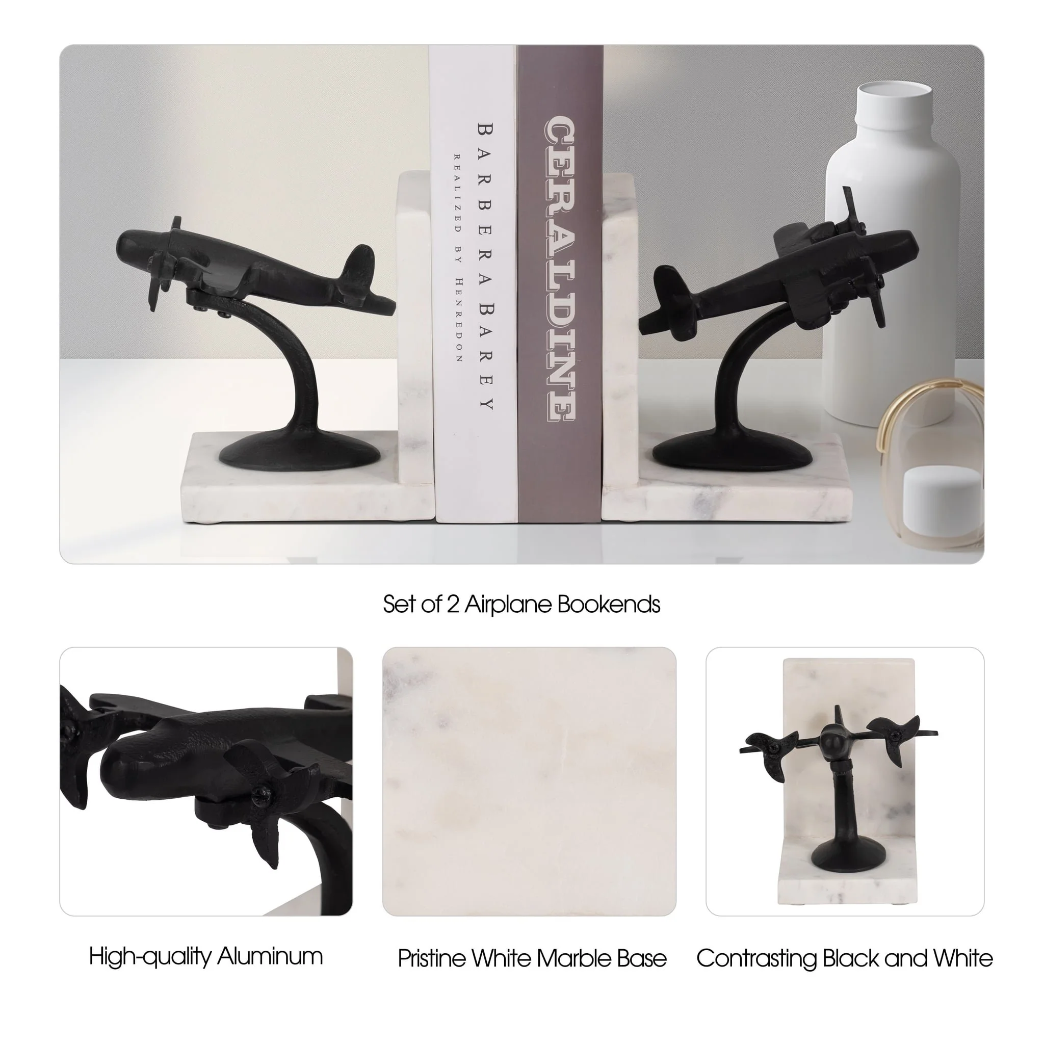 Metal, S/2 6" Airplane Bookends On Marble, Blk/wht - Image 8