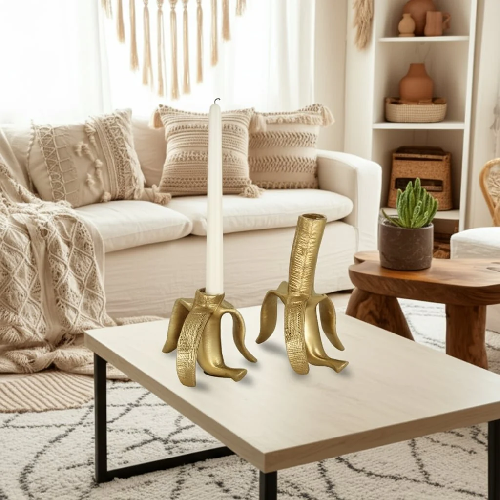 Metal, S/2 6" Banana Taper Candle Holders, Gold - Image 9