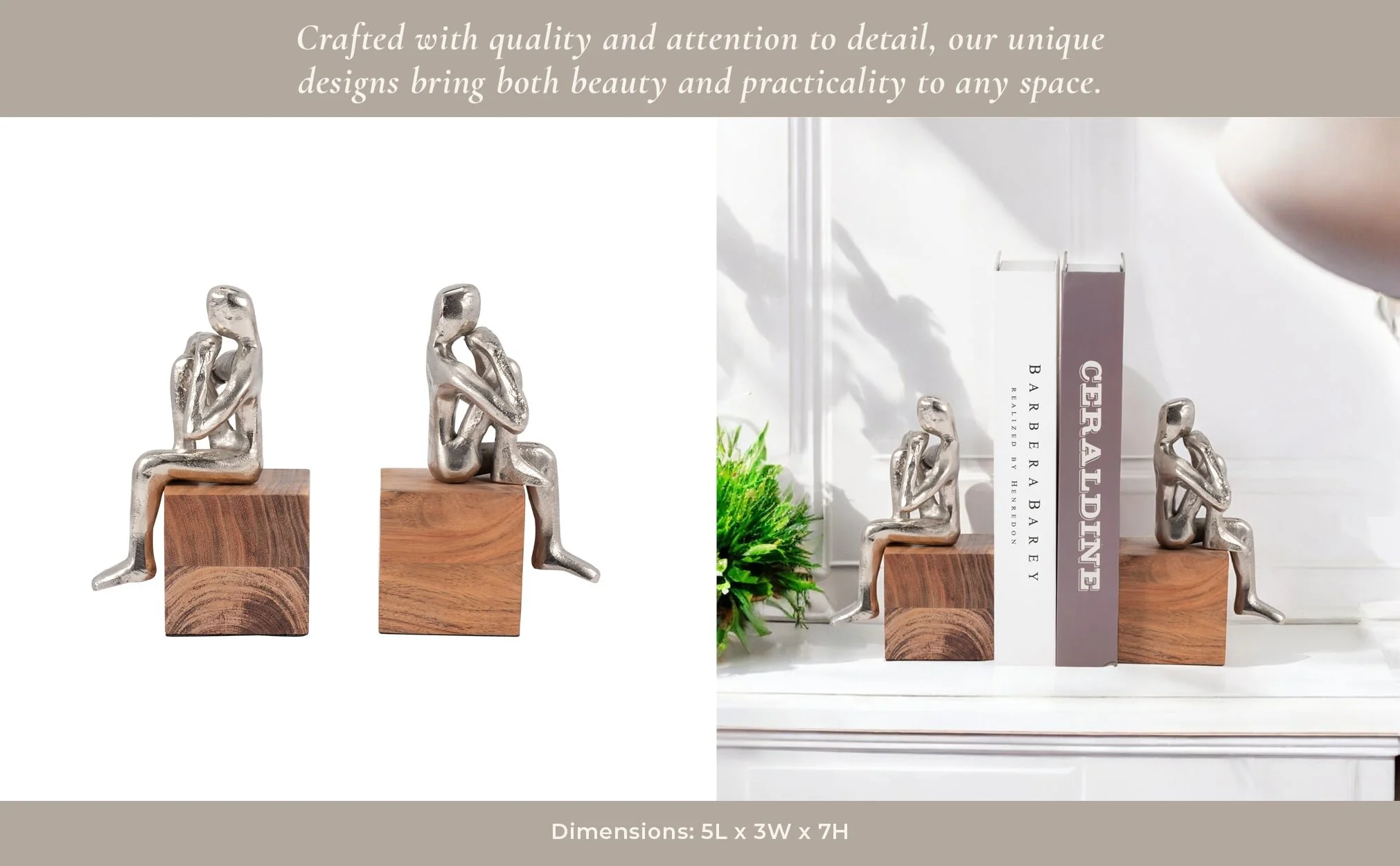 Metal, S/2 7" Thinking Man Bookend Wood Base, Silv - Image 11