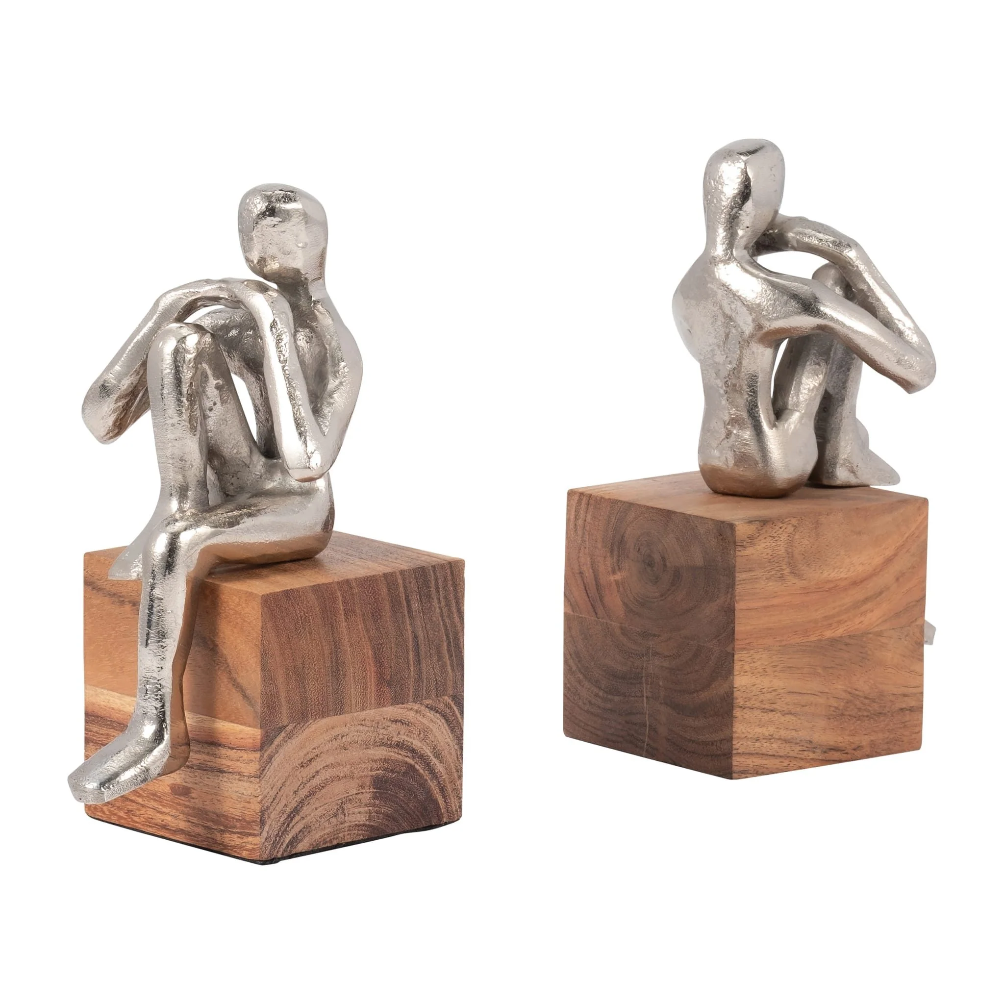 Metal, S/2 7" Thinking Man Bookend Wood Base, Silv - Image 2