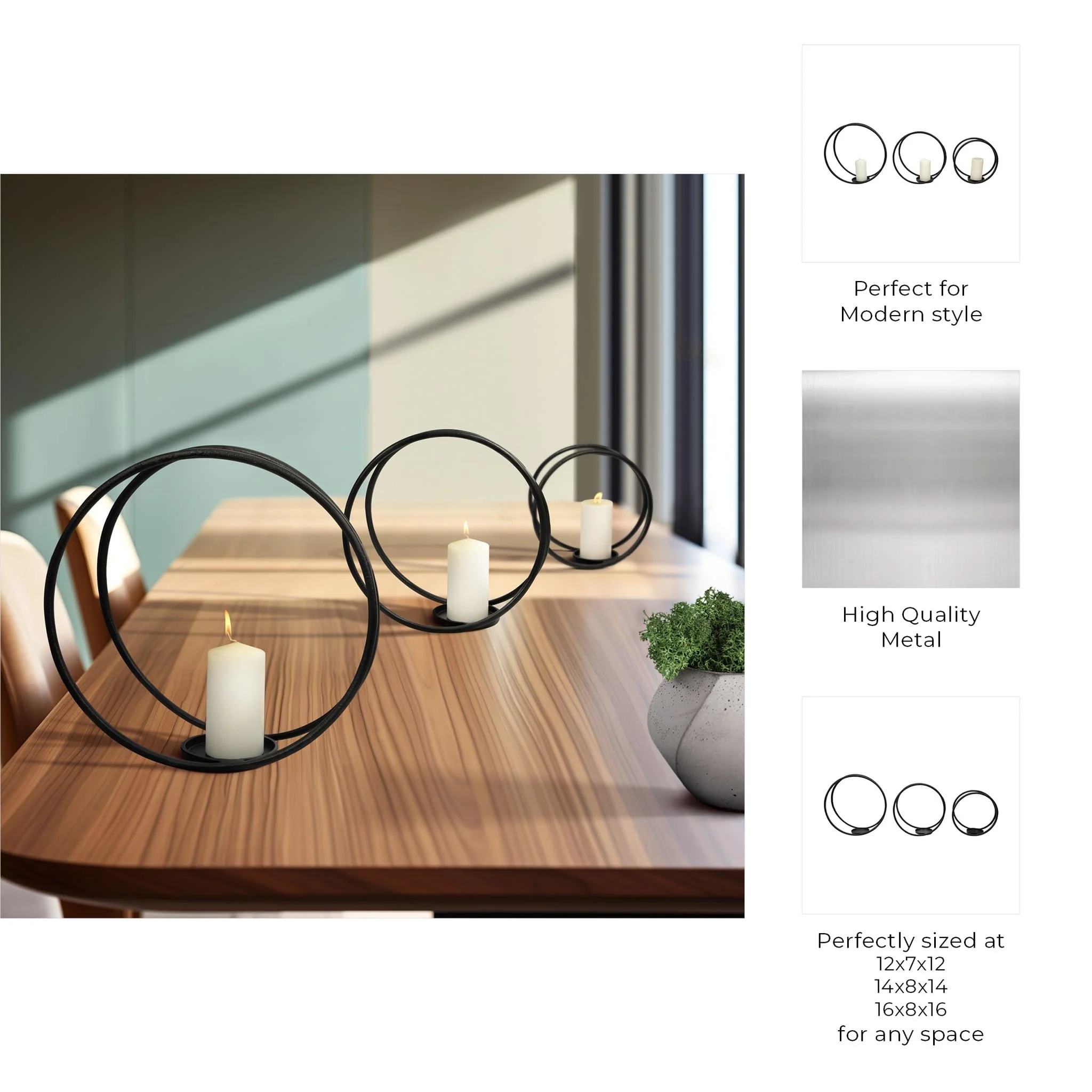 Metal,s/3 12/14/16"h,double Ring Candle Holder,bla - Image 9