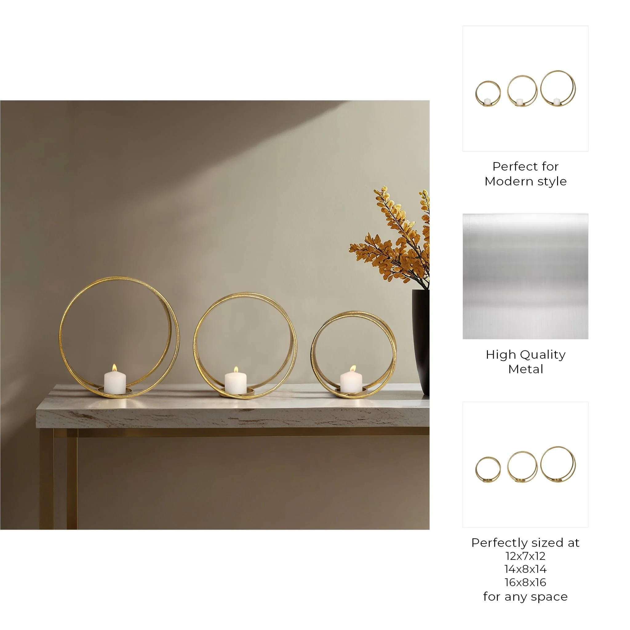 Metal,s/3 12/14/16"h,double Ring Candle Holder,gol - Image 10