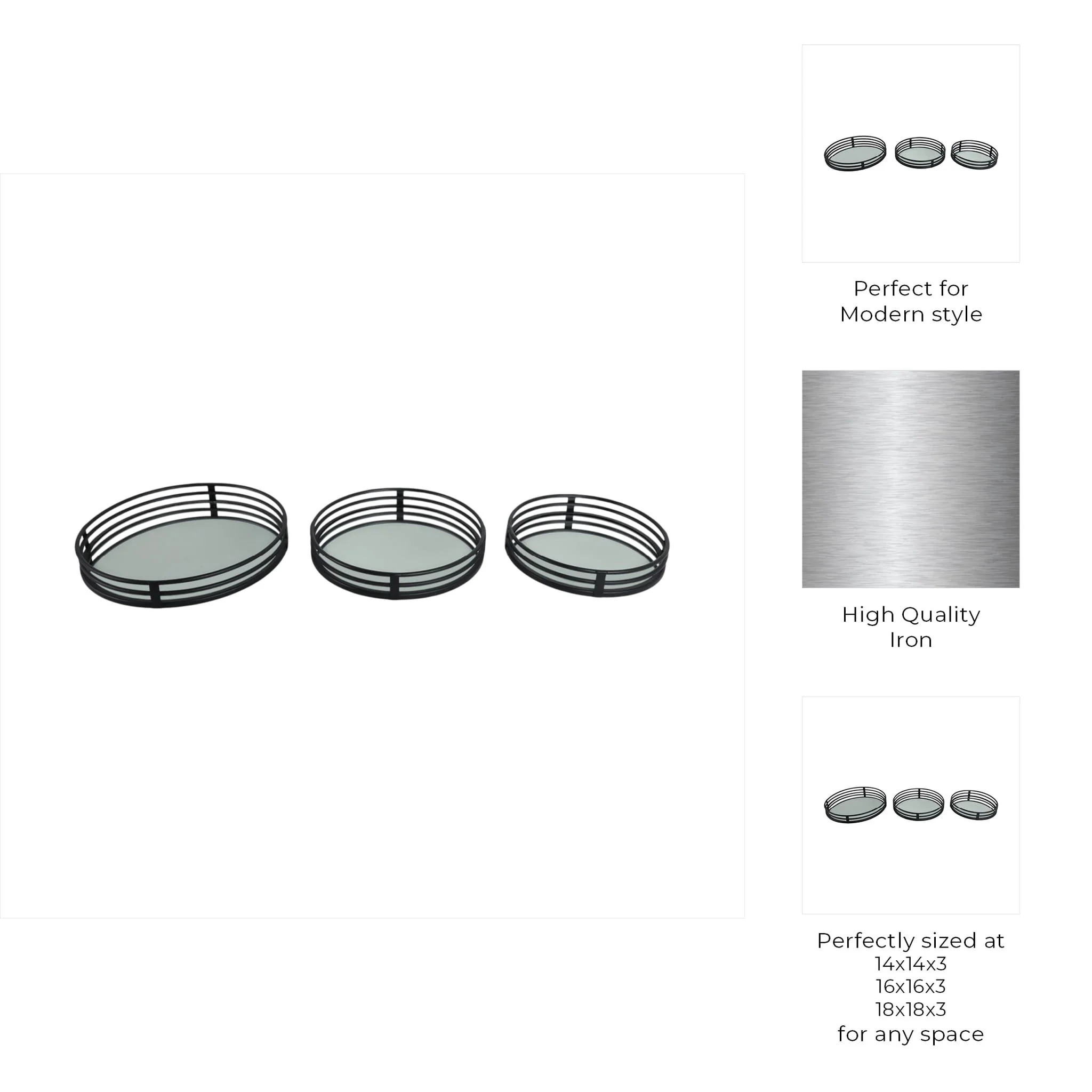 Metal, S/3 14/16/18" Round Mirrored Trays, Black - Image 9