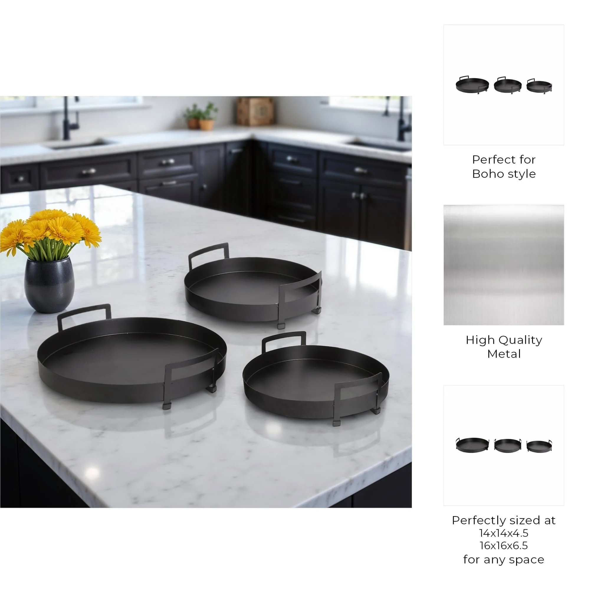 Metal, S/3 15/17/18" Tray With Handles, Black - Image 8