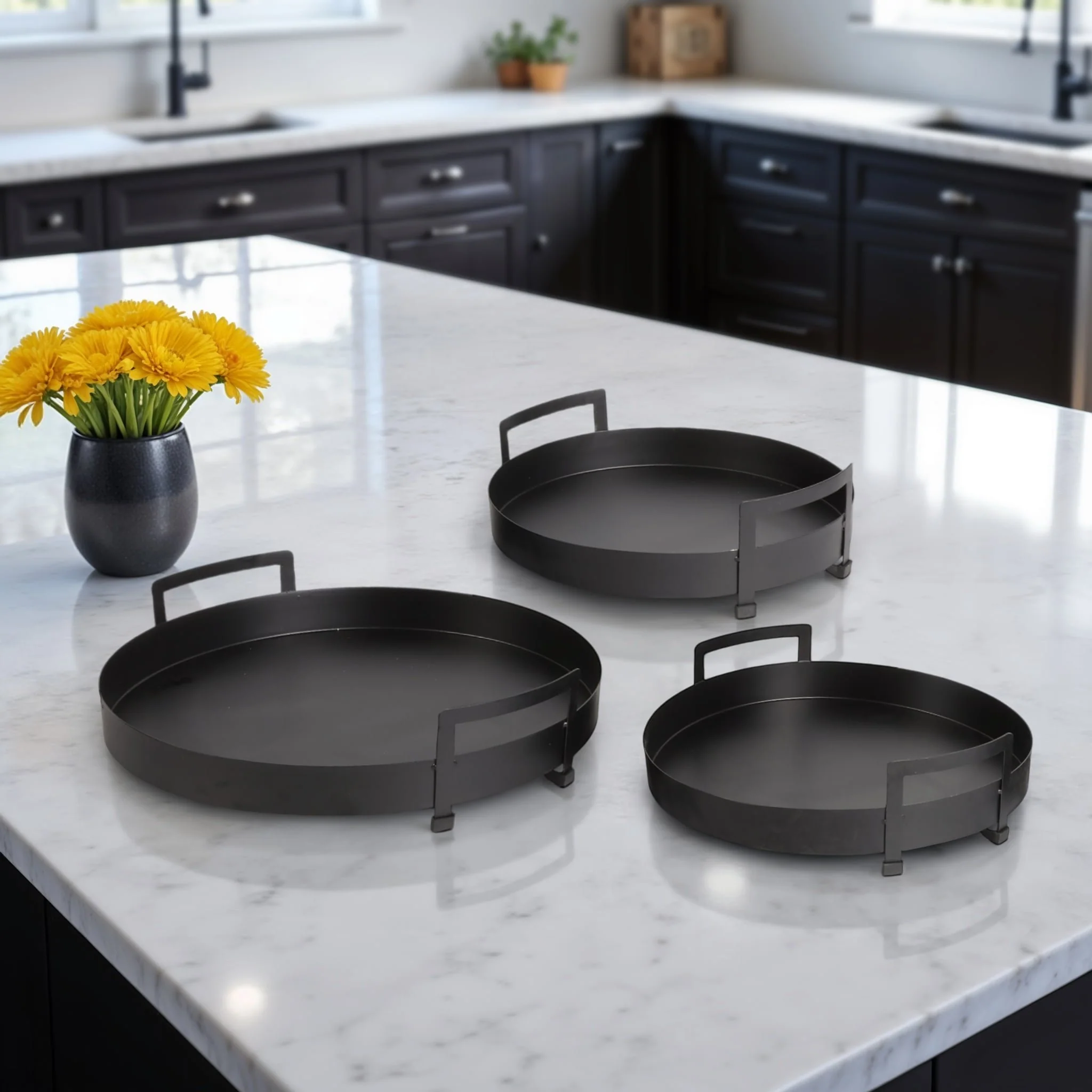 Metal, S/3 15/17/18" Tray With Handles, Black - Image 9