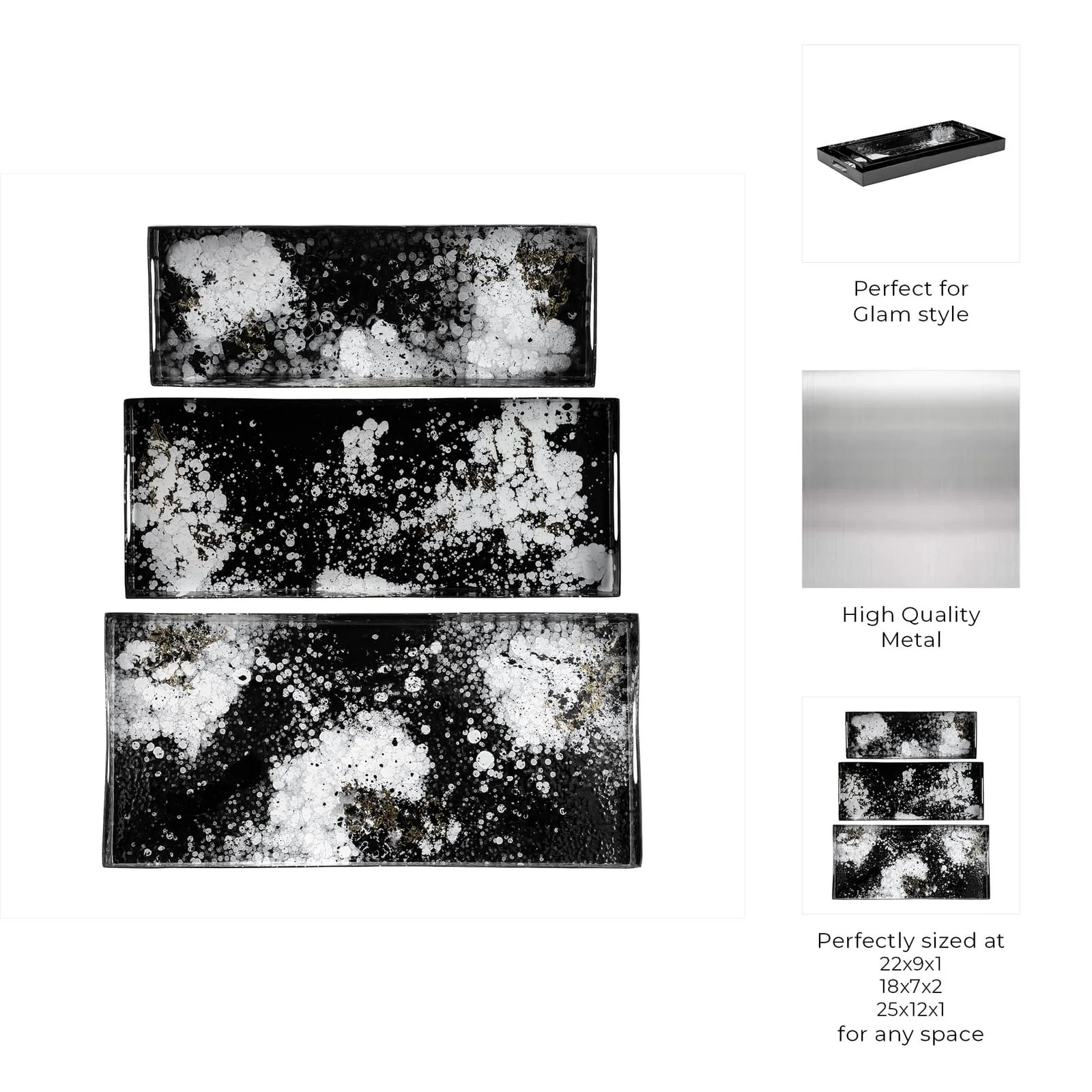 Metal, S/3 18/22/25" Rectangular Trays, Black/whit - Image 8