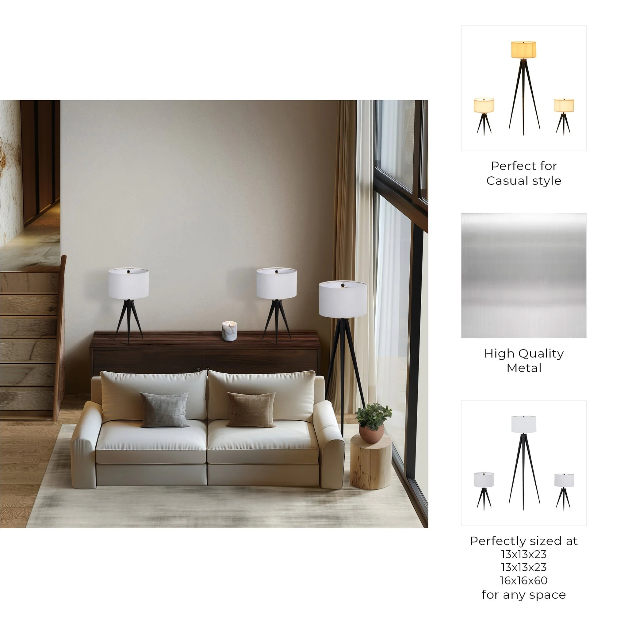 Metal,s/3,23/60"h,table&floor Tripod Lamps,blk - Image 8