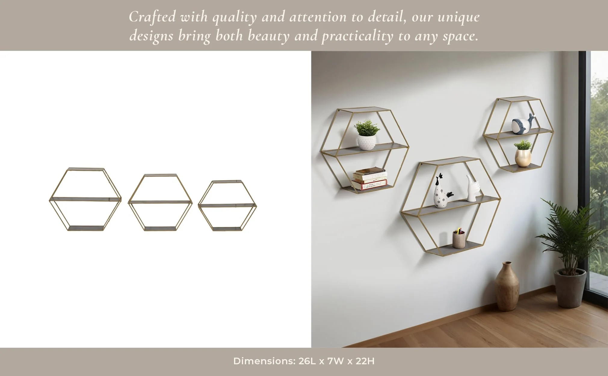 Metal/wd,s/3 21/24/26" Hex Folding Wall Shelf,gld - Image 10