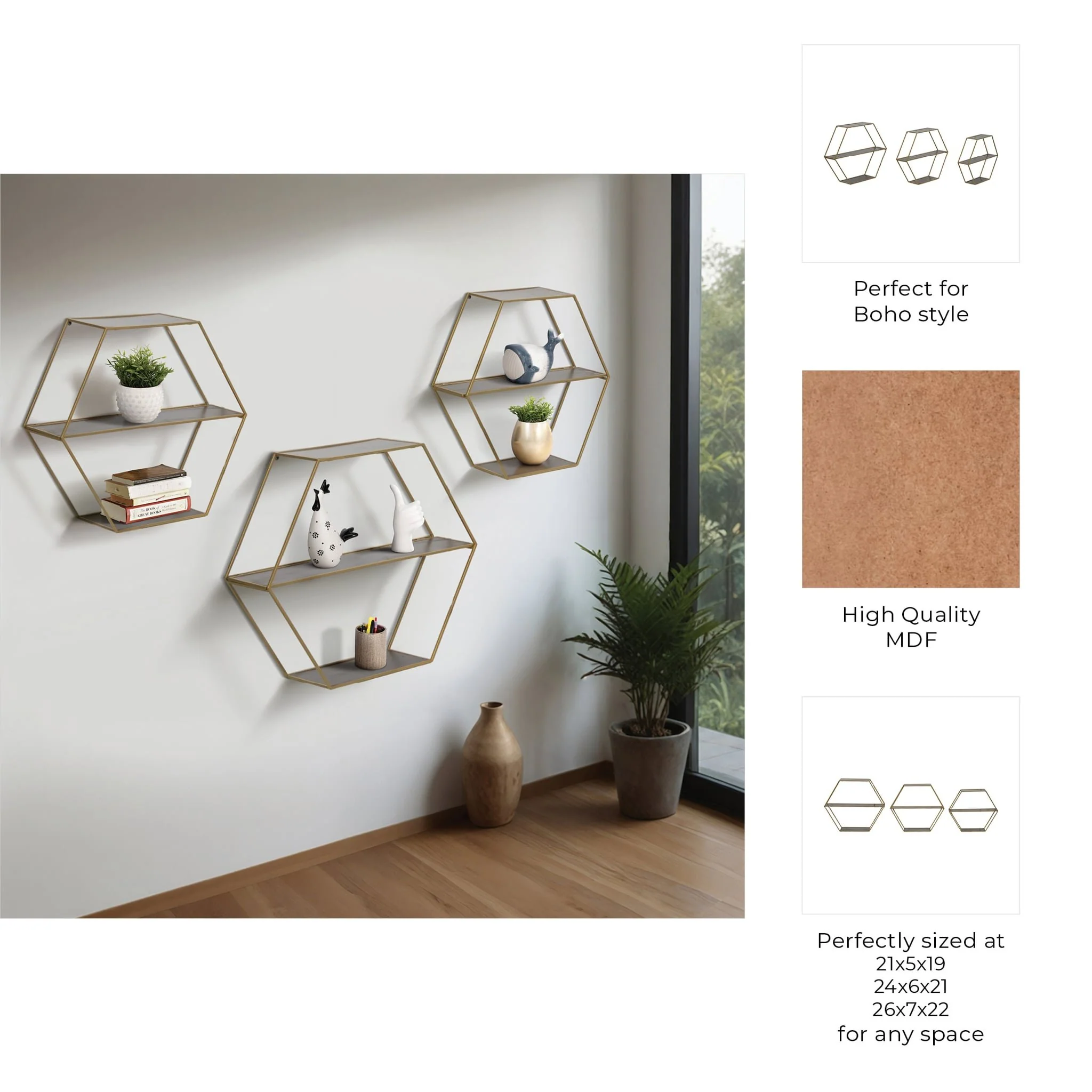 Metal/wd,s/3 21/24/26" Hex Folding Wall Shelf,gld - Image 8