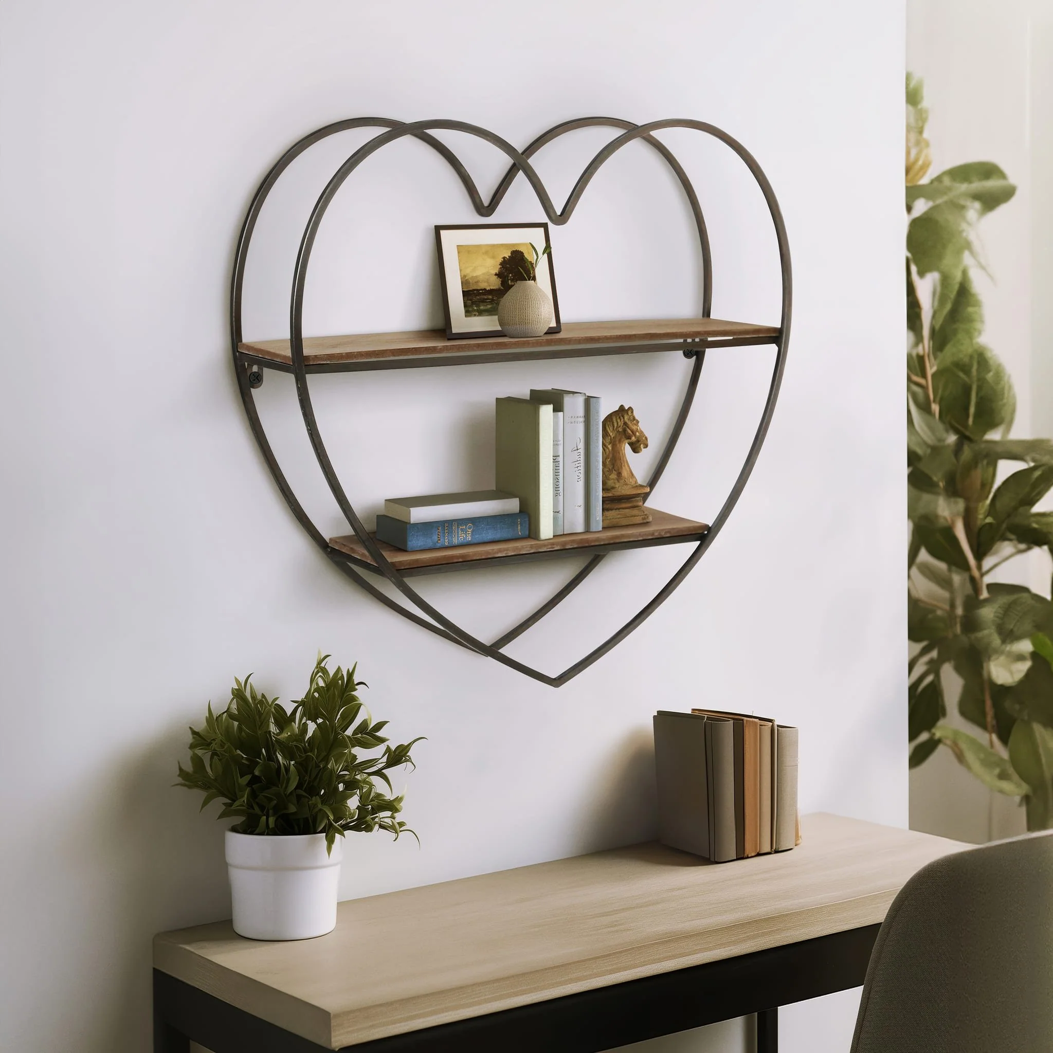 Metal/wood 2 Tier Heart Wall Shelf, Natural/black - Image 7