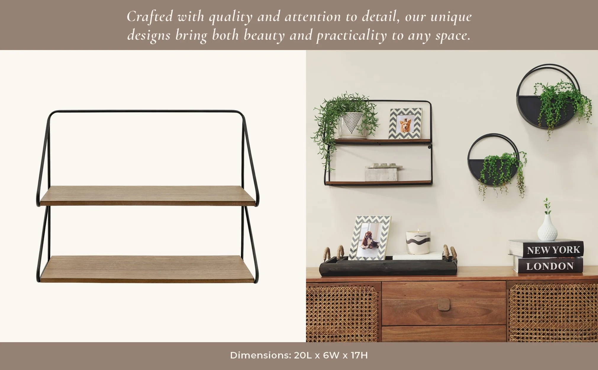 Metal /wood 20" 2 Tier Wall Shelf, Black/brwn - Image 9
