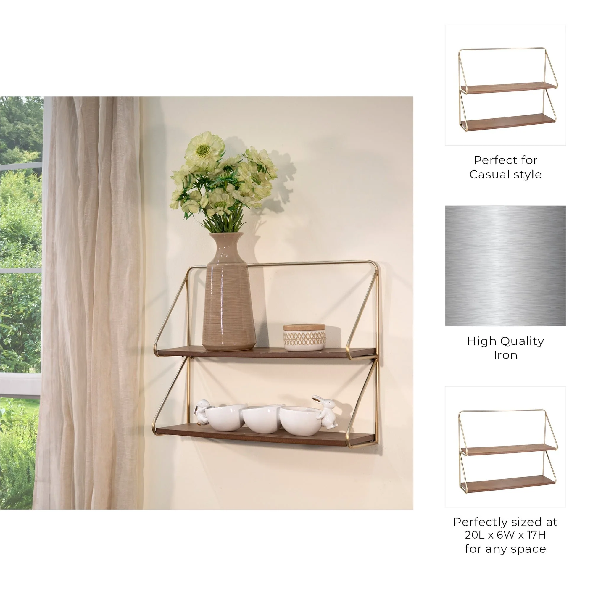 Metal/wood 20" 2 Tier Wall Shelf, Gold - Image 3