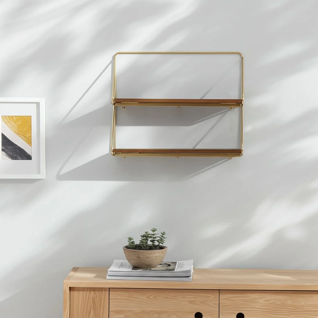 Metal/wood 20" 2 Tier Wall Shelf, Gold - Image 5