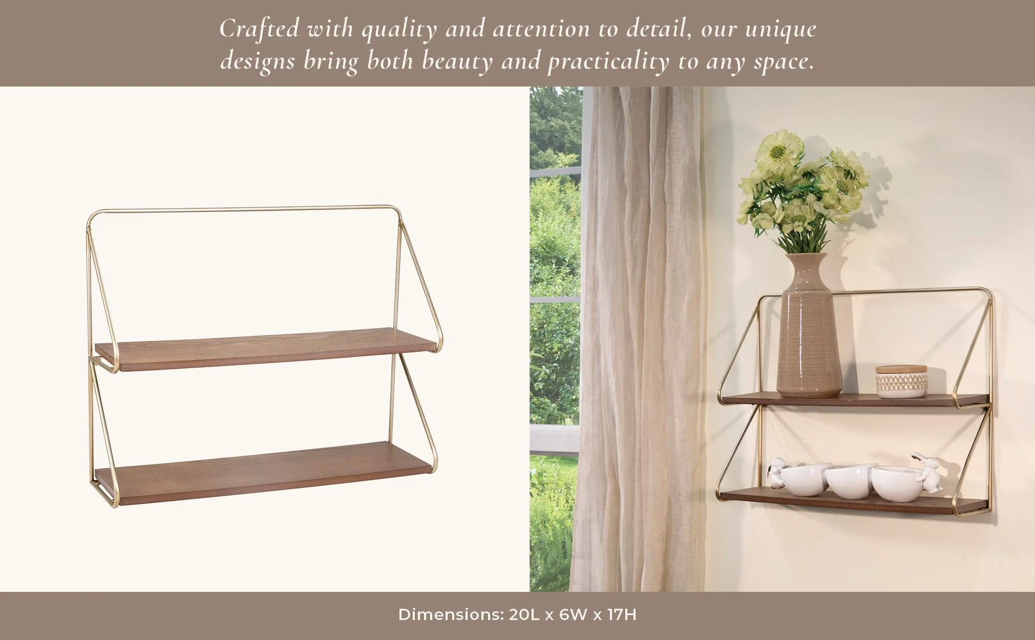 Metal/wood 20" 2 Tier Wall Shelf, Gold - Image 6