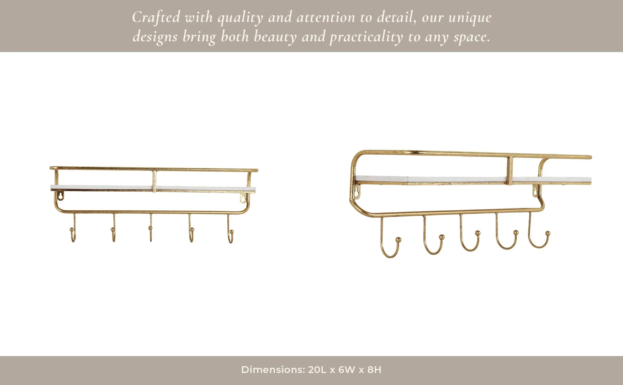 Metal/wood 20" 5  Hook Wall Shelf, White/gold - Image 10