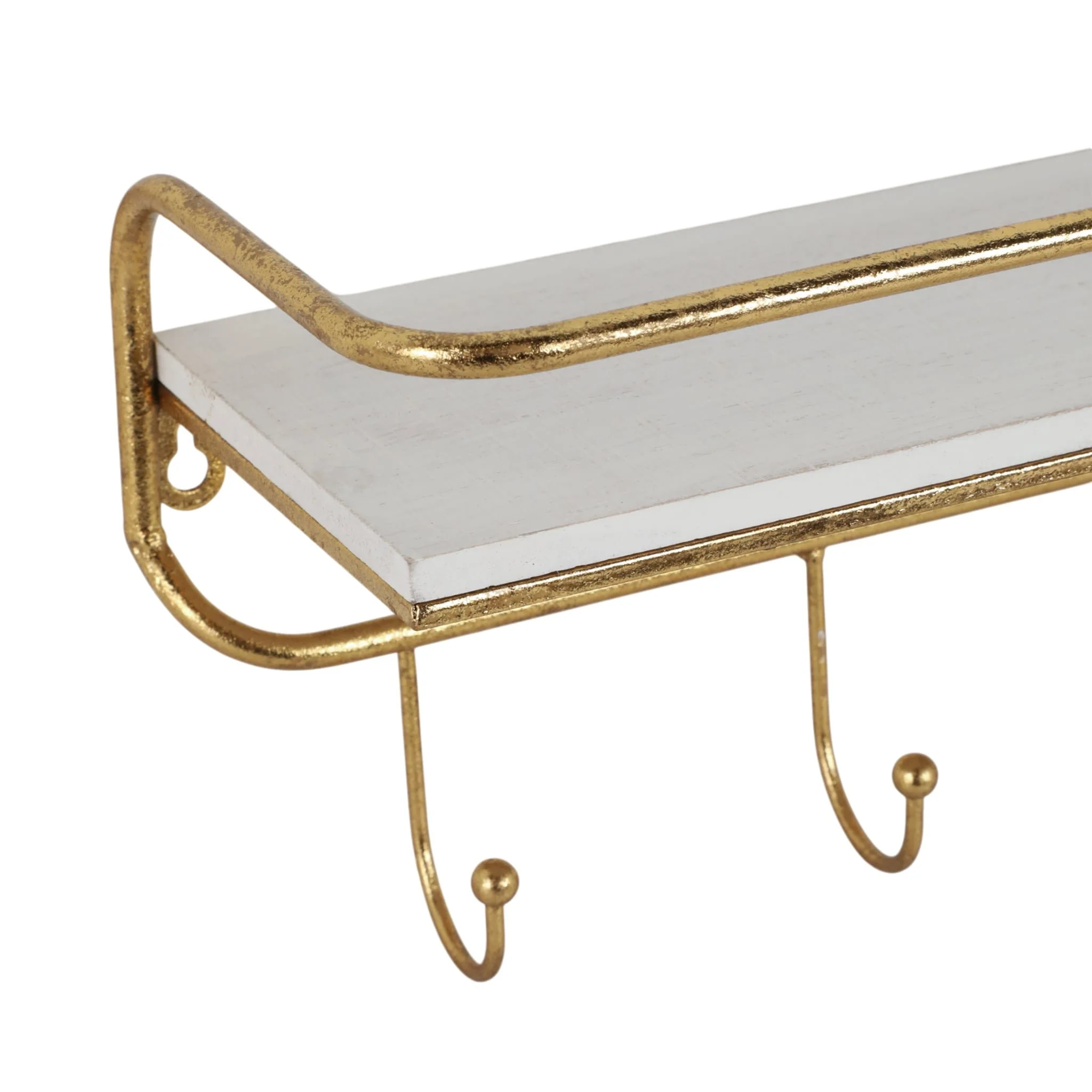 Metal/wood 20" 5  Hook Wall Shelf, White/gold - Image 4
