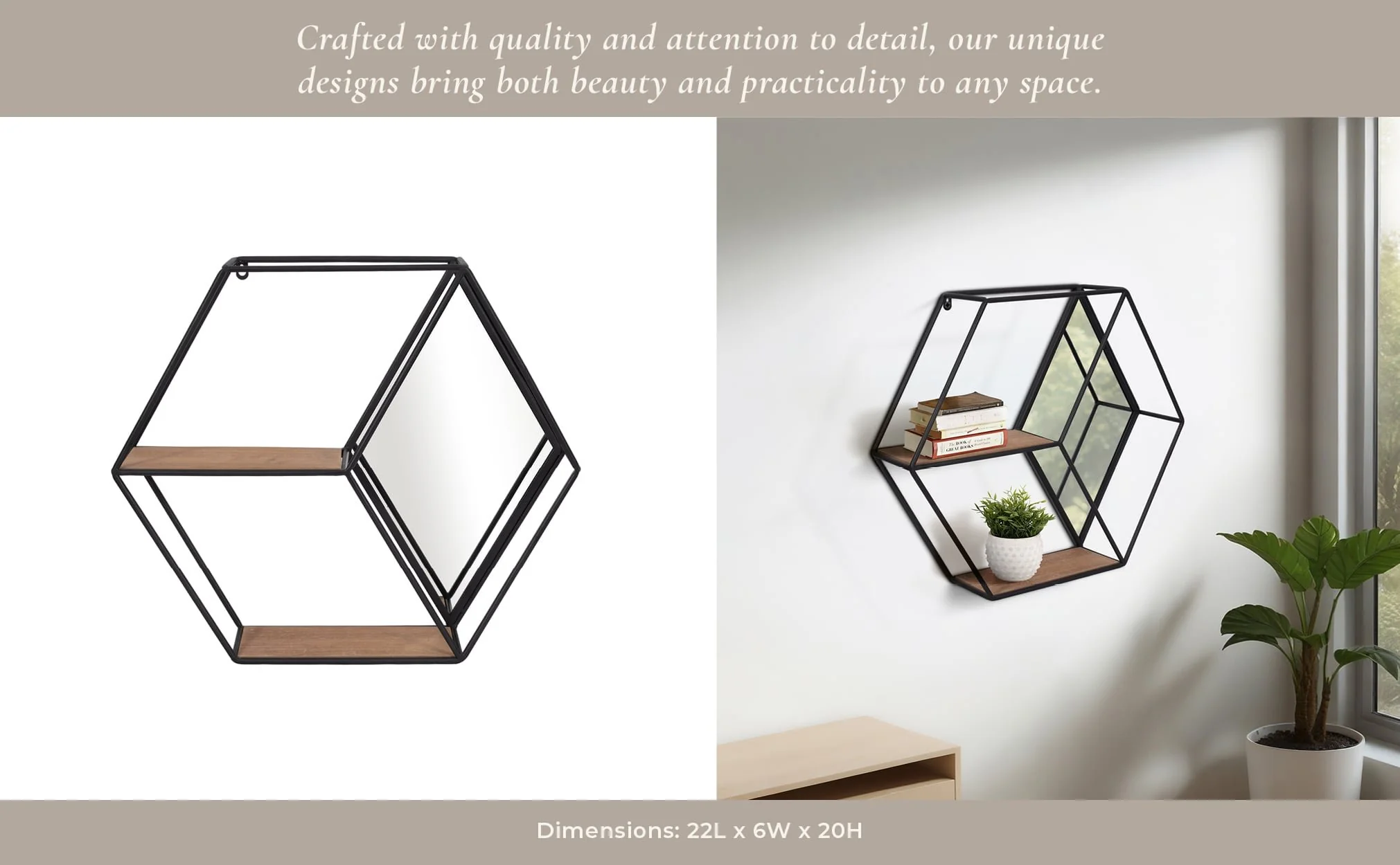 Metal/wood 20" Hexagon Mirrored Wall Shelf, Black - Image 10