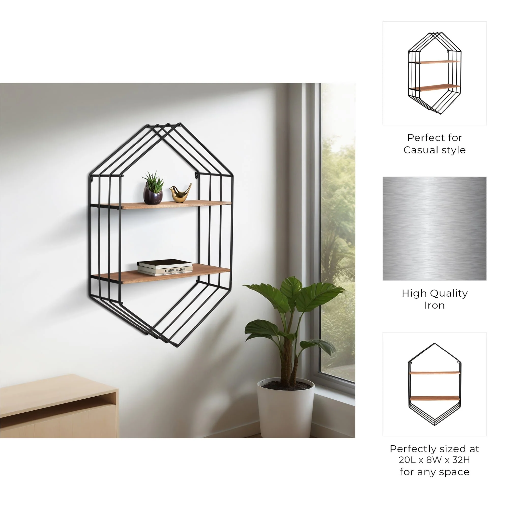 Metal/wood 20" Hexagon Shelf, Brown/black - Image 7