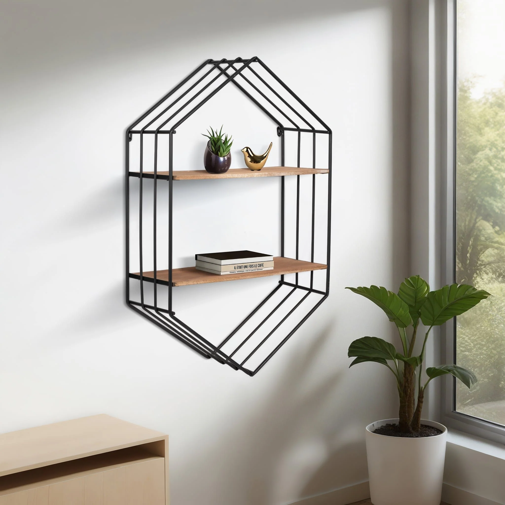 Metal/wood 20" Hexagon Shelf, Brown/black - Image 8