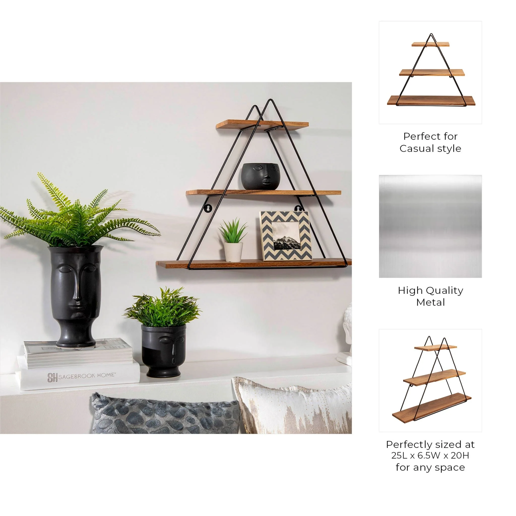 Metal/wood 20" Triangle Wall Shelf, Brown - Image 5