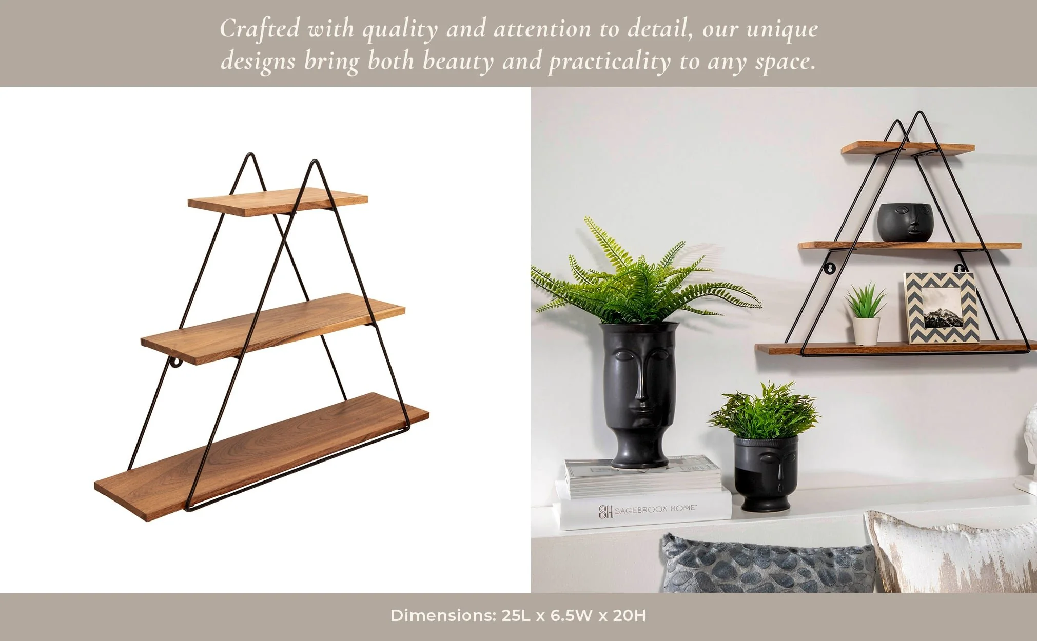 Metal/wood 20" Triangle Wall Shelf, Brown - Image 8