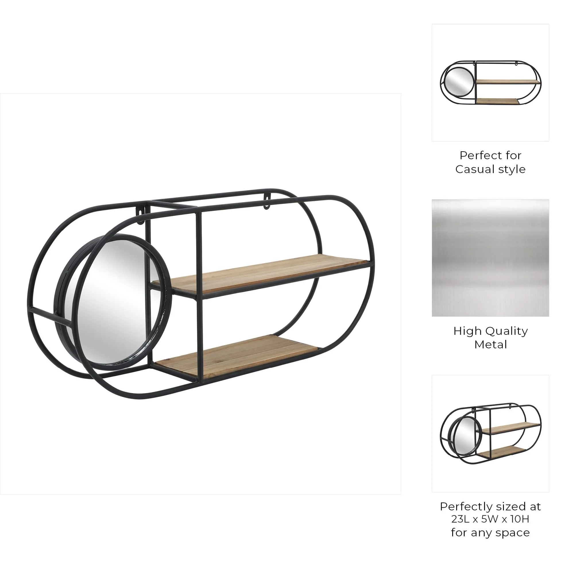 Metal/wood, 23"l Oval Wall Shelf W/ Mirror, Black/ - Image 7
