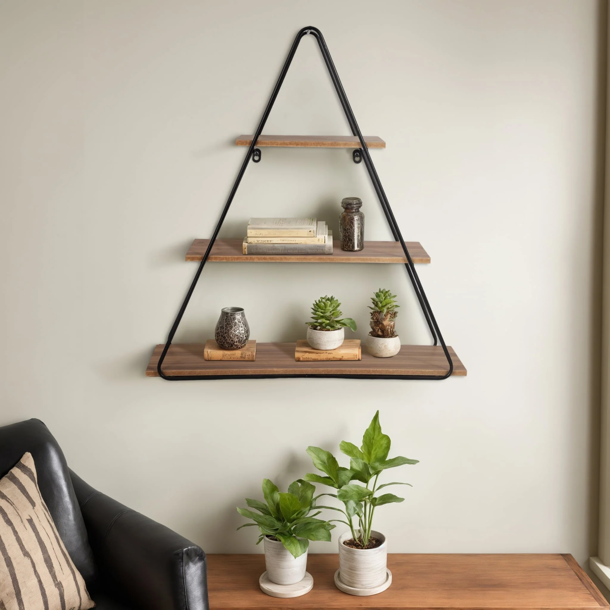 Metal/wood 26" Triangle Wall Shelf, Brown/black - Image 8