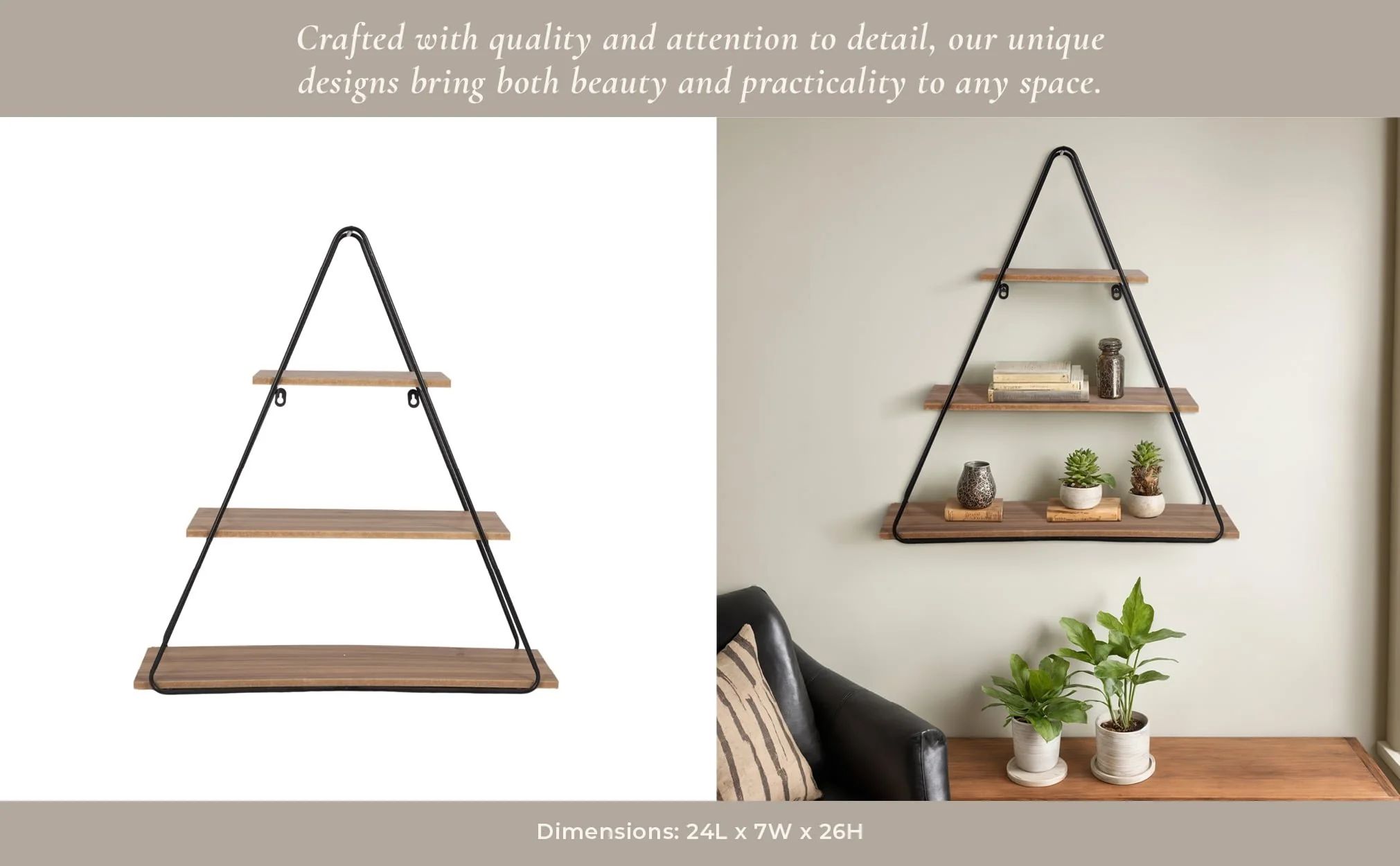 Metal/wood 26" Triangle Wall Shelf, Brown/black - Image 9