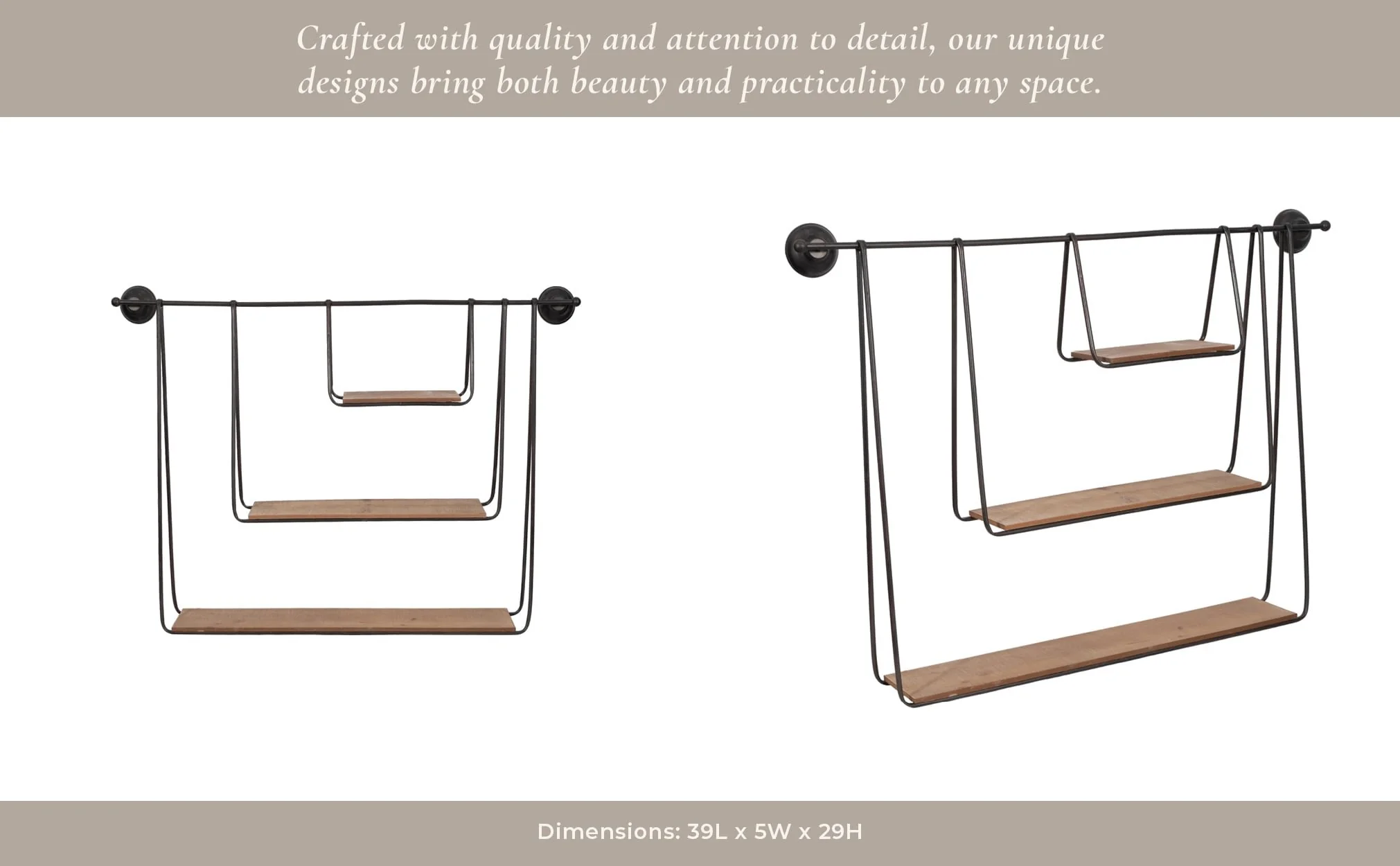 Metal/wood 29" 3-tier Hanging Wall Shelf, Brown - Image 11