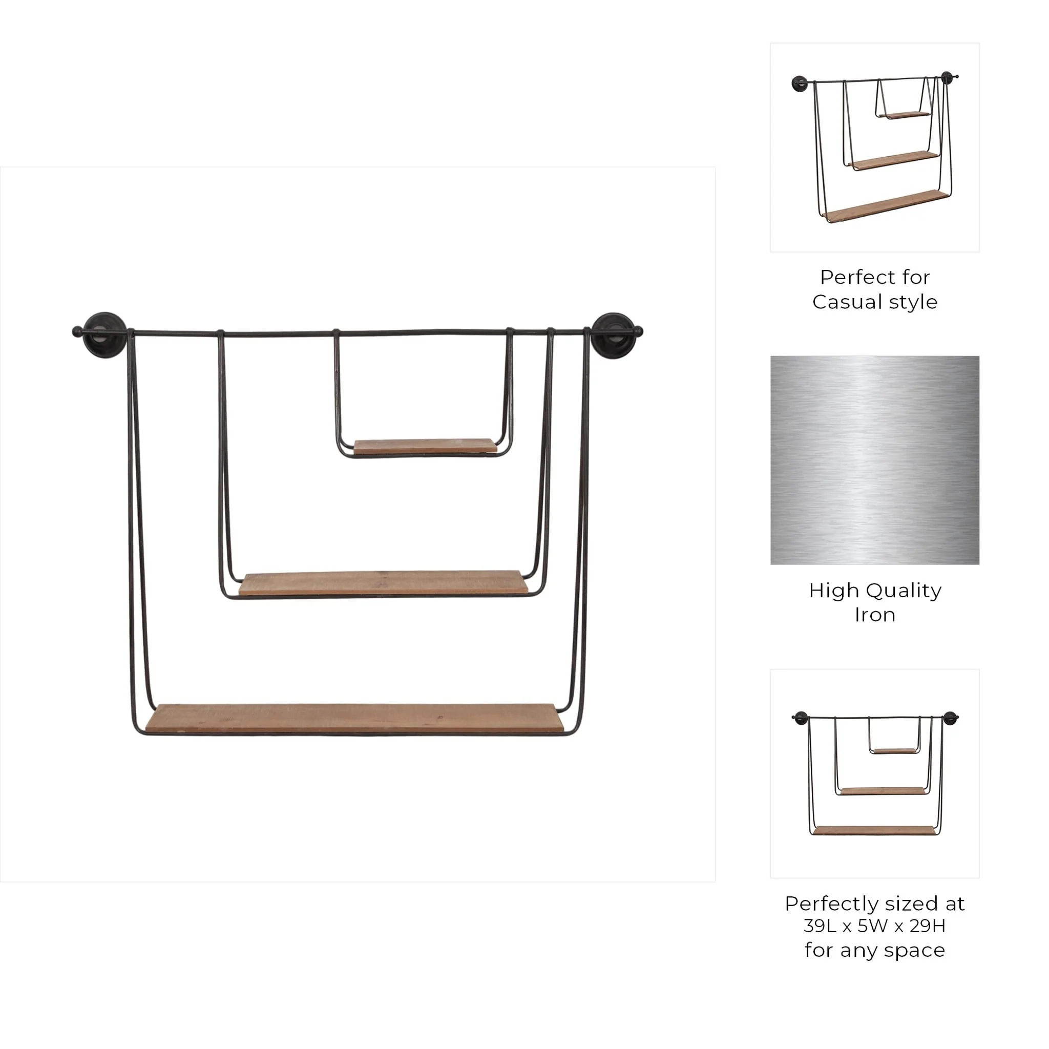 Metal/wood 29" 3-tier Hanging Wall Shelf, Brown - Image 9
