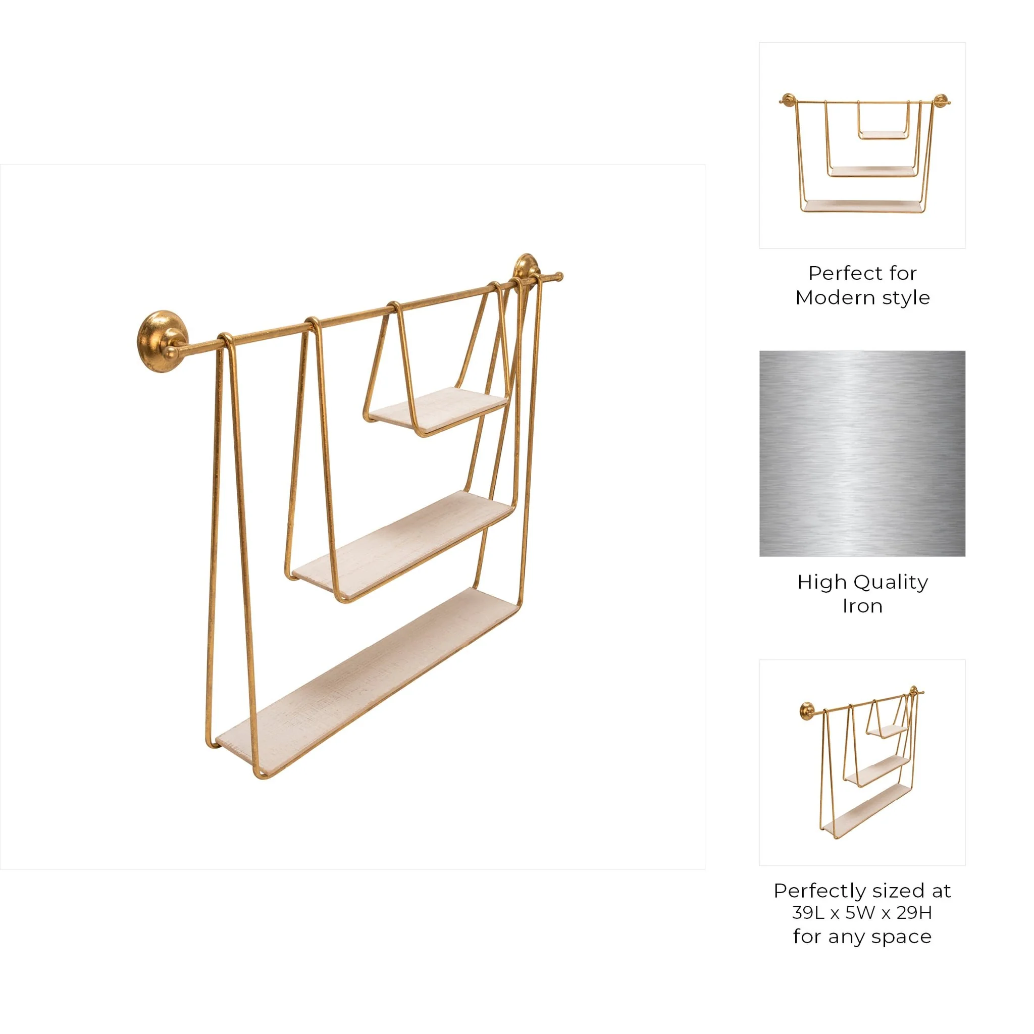 Metal/wood 29" 3-tier Hanging Wall Shelf, White - Image 7