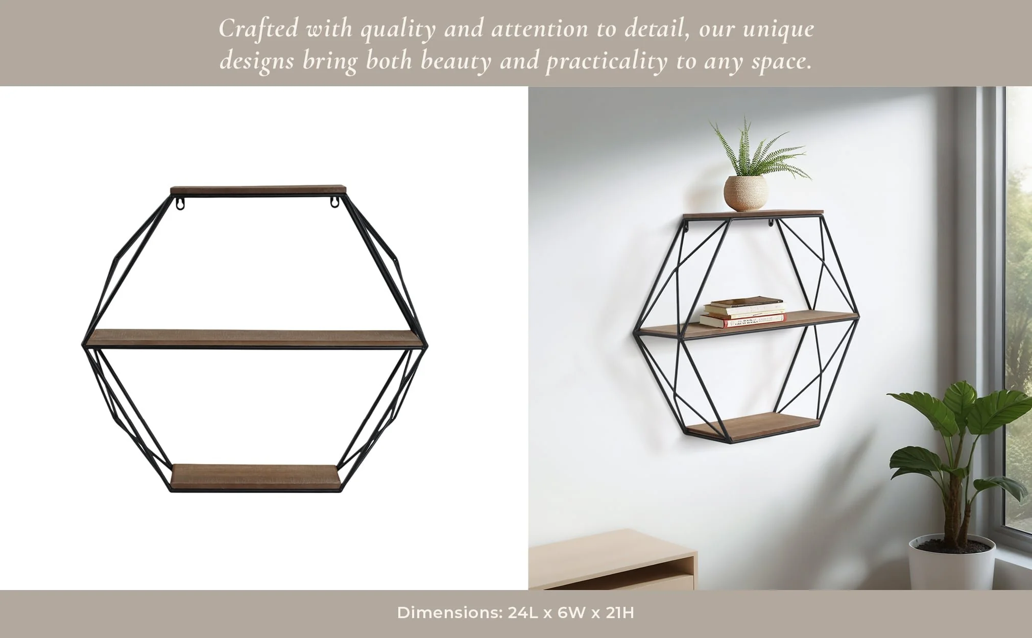 Metal/wood 3 Tier Hexagon Wall Shelf, Brown/black - Image 10