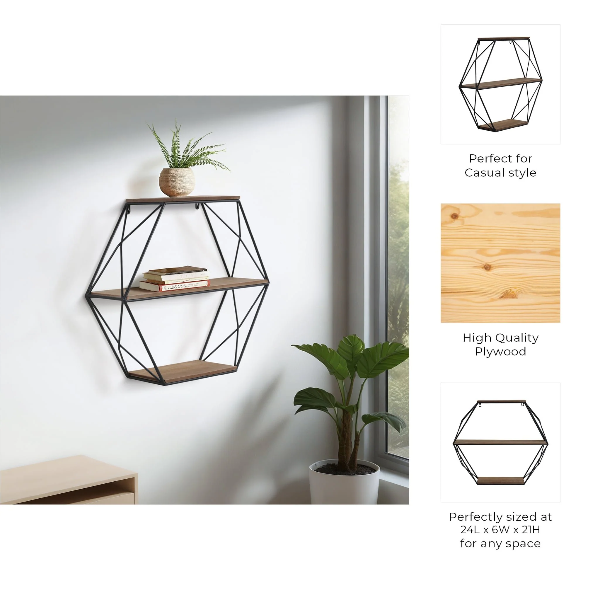 Metal/wood 3 Tier Hexagon Wall Shelf, Brown/black - Image 8