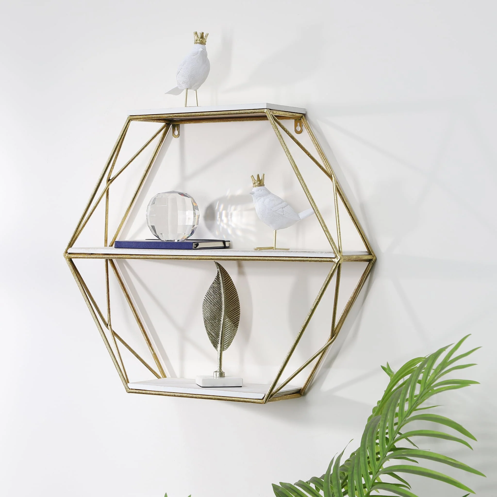 Metal / Wood 3 Tier Hexagon Wall Shelf, Gold - Image 12