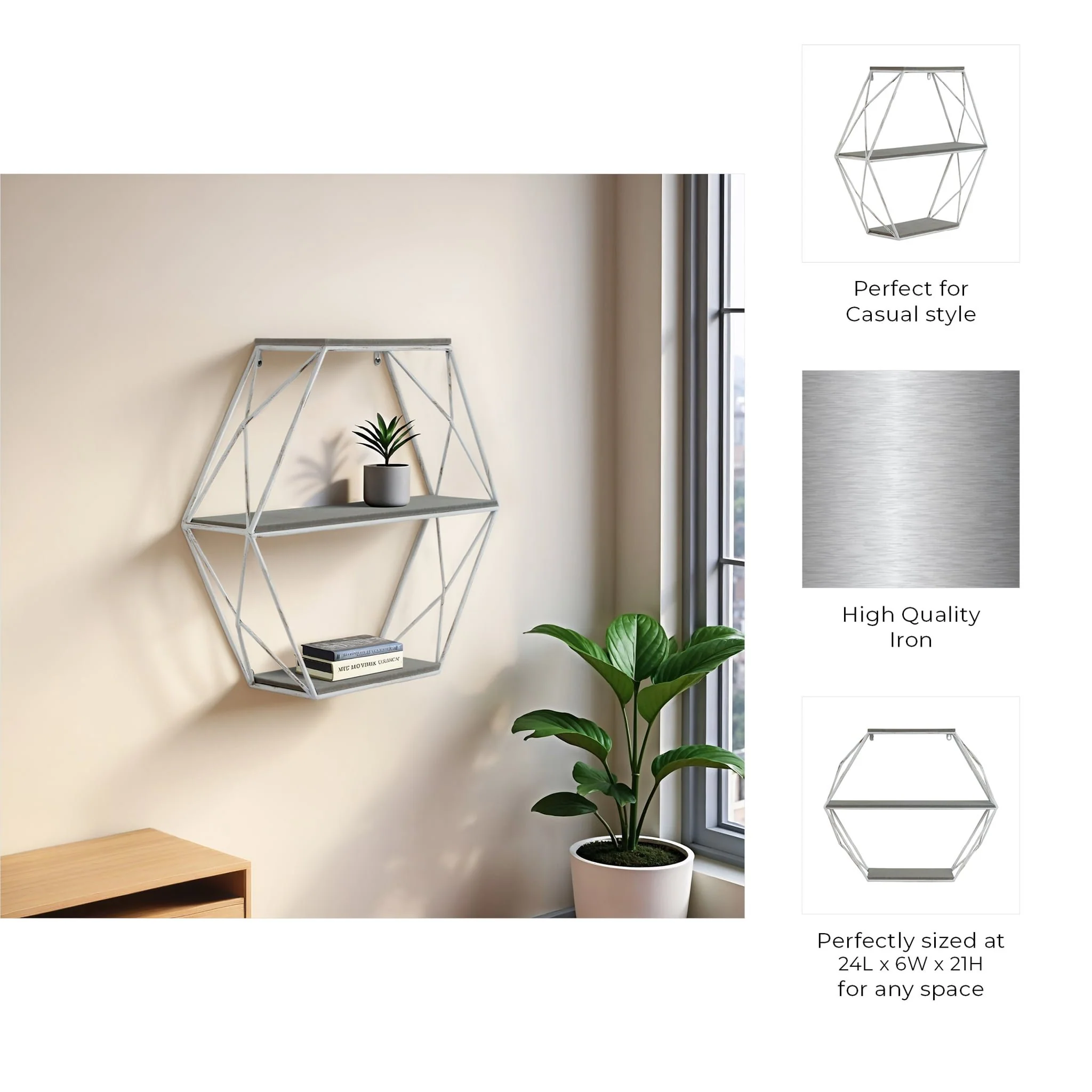 Metal/wood 3 Tier Hexagon Wall Shelf, Gray/white - Image 8